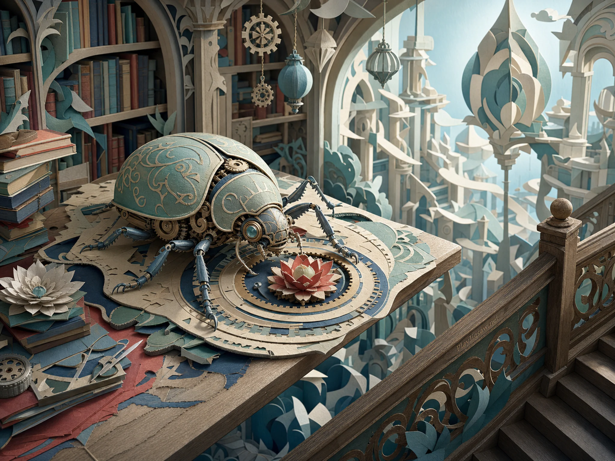 Mechanical Beetle blooming around calibrated gear dial in a high enchanted reading hall, with layered scenery and clear early morning light.