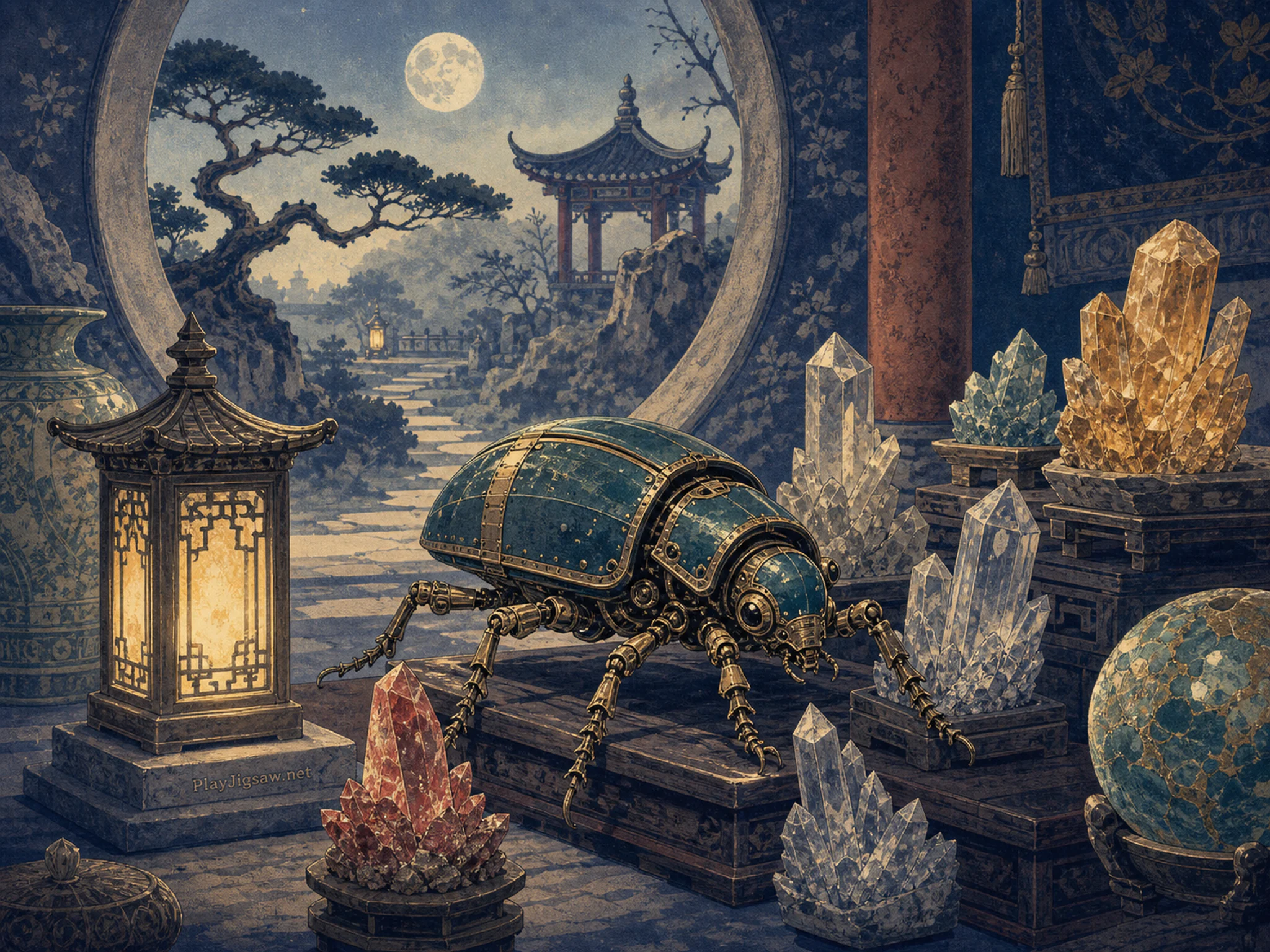 Mechanical Beetle winding through crystal specimen stand in a moonlit impossible garden, with layered scenery and calm misty dawn.
