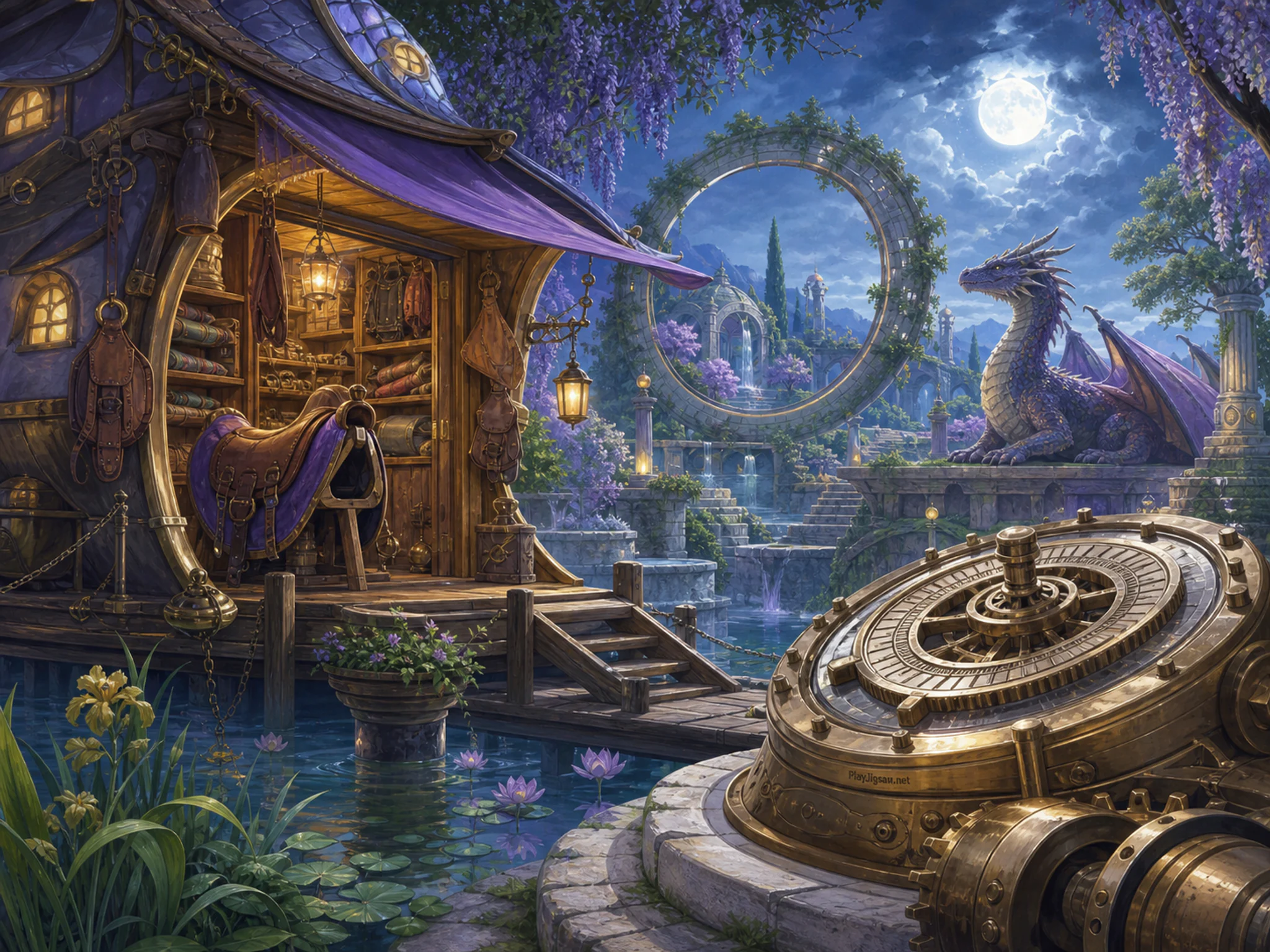 Dragon Saddle Shop moored near calibrated gear dial in a moonlit impossible garden, with layered scenery and bright diffused window light.