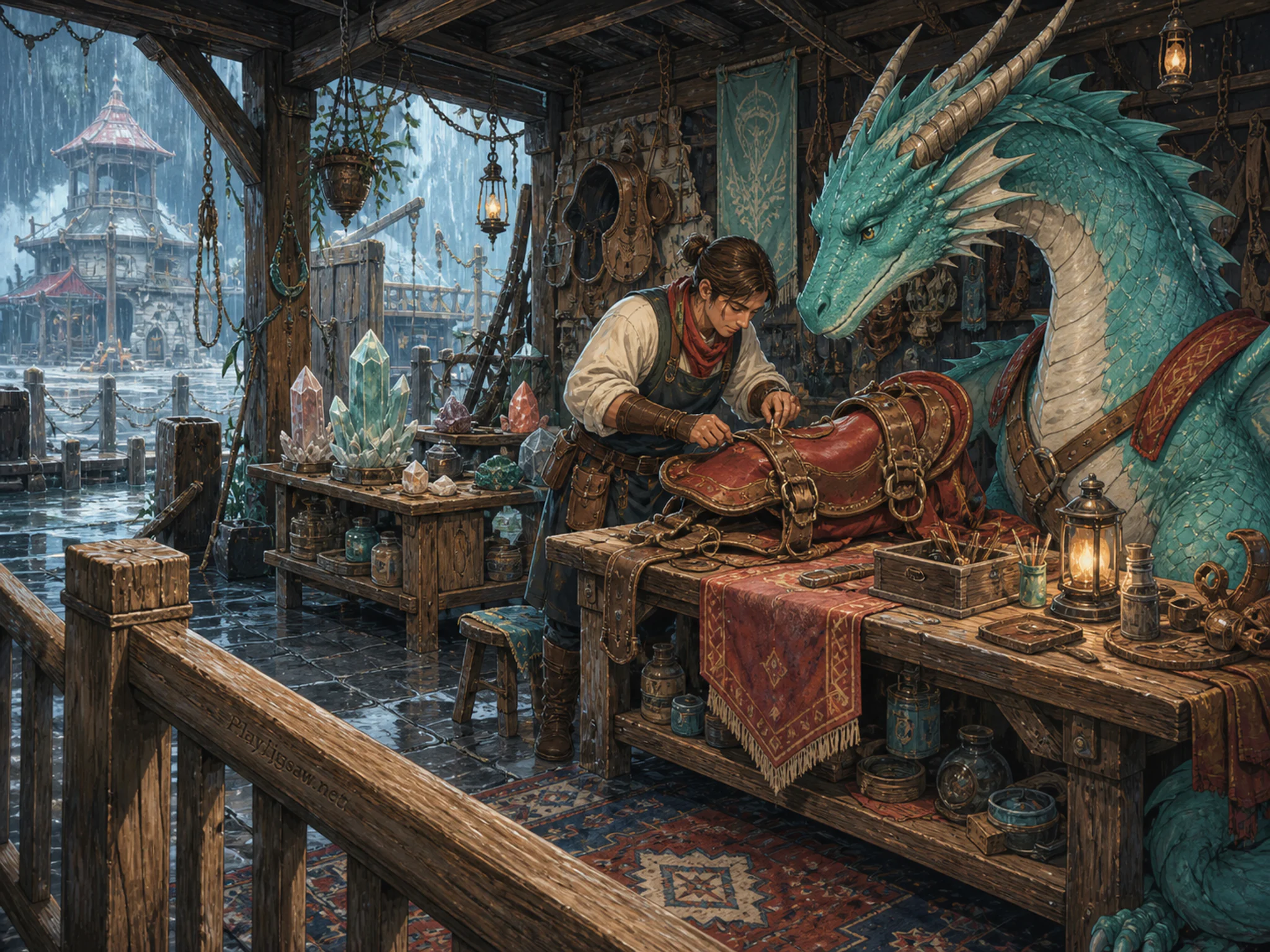 Dragon Saddle Shop being repaired beside crystal specimen stand in a friendly magical workshop, with layered scenery and gentle rain with crisp reflections.