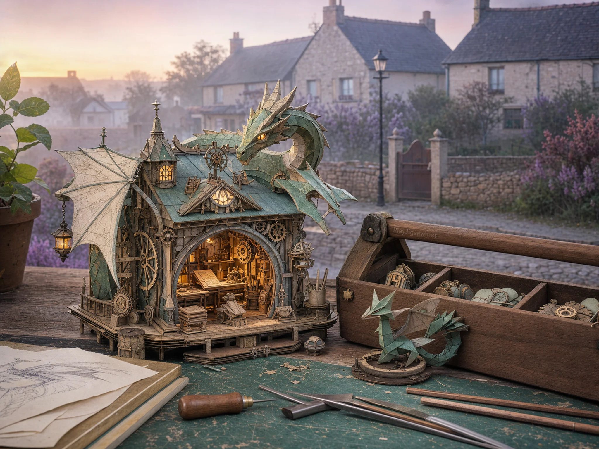 paper dragon studio presented as a handcrafted miniature beside a wooden parts box in a mechanical paper-dragon studio model on a neighborhood repair bench, with familiar objects.