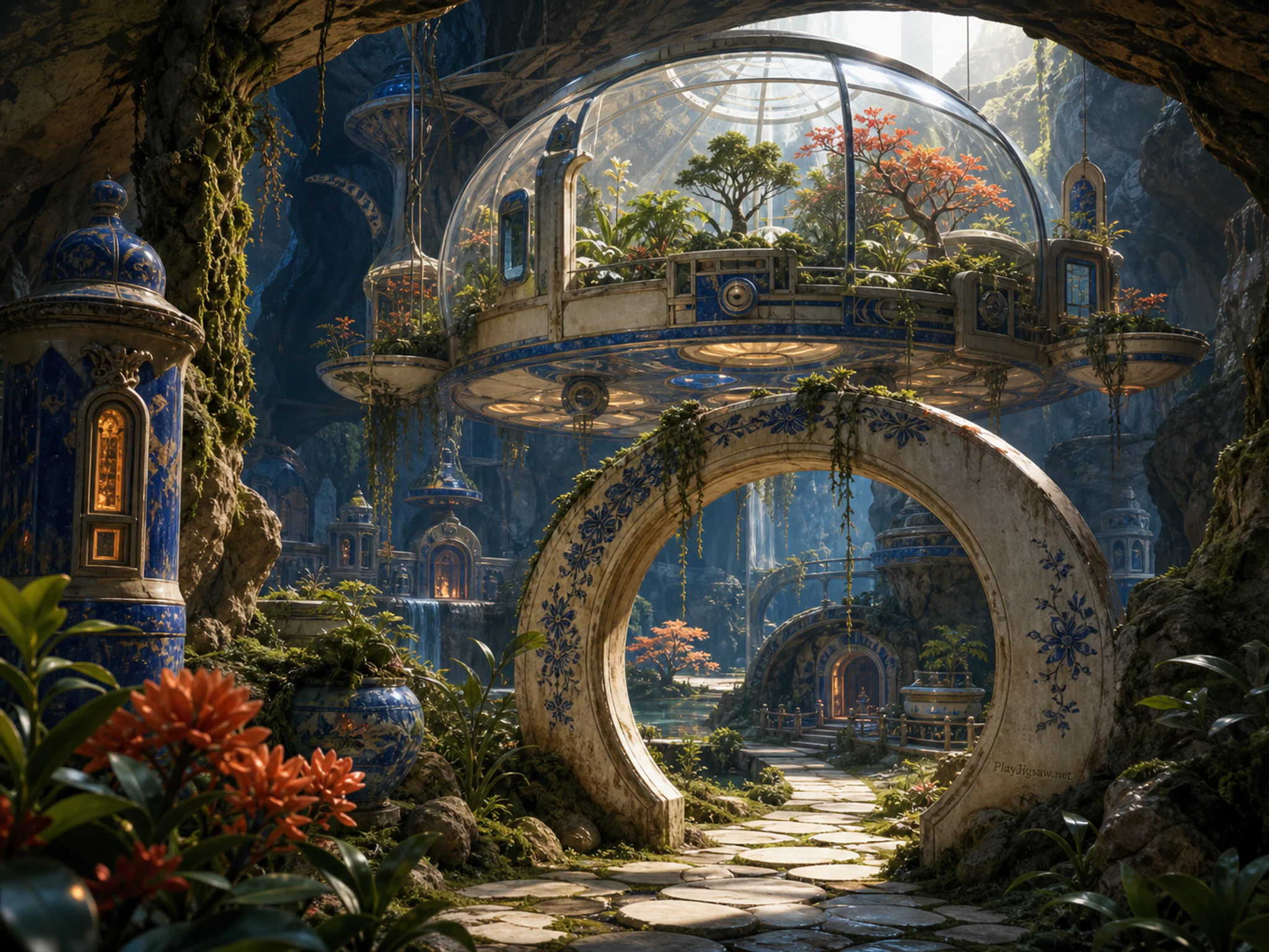 Robot Greenhouse hovering above carved moon gate in a faceted underground realm, with layered scenery and bright diffused window light.