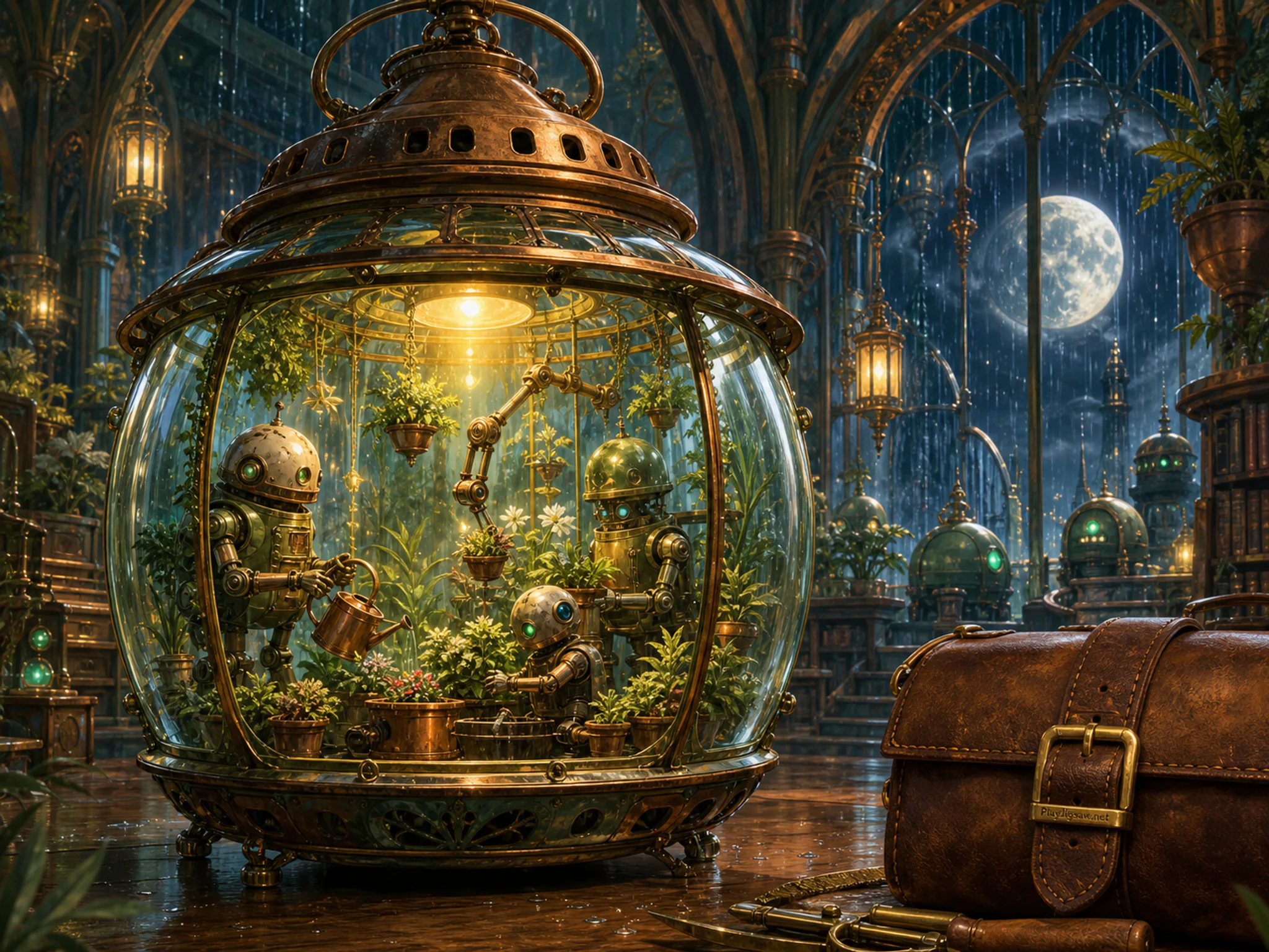Robot Greenhouse built within glowing path lantern in a high enchanted reading hall, with layered scenery and gentle rain with crisp reflections.