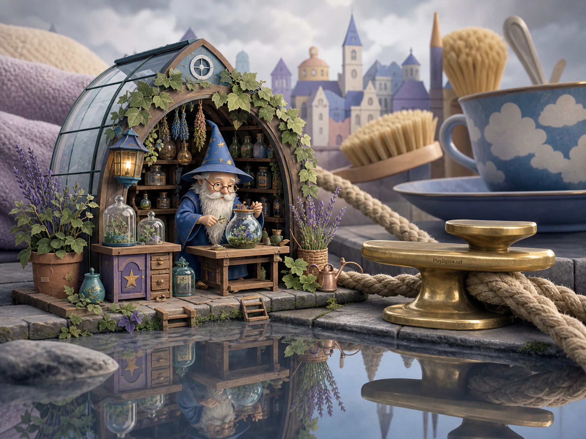Tiny Wizard Herbarium reflecting across rope-and-brass mooring in a playful oversized household world, with layered scenery and soft overcast afternoon.