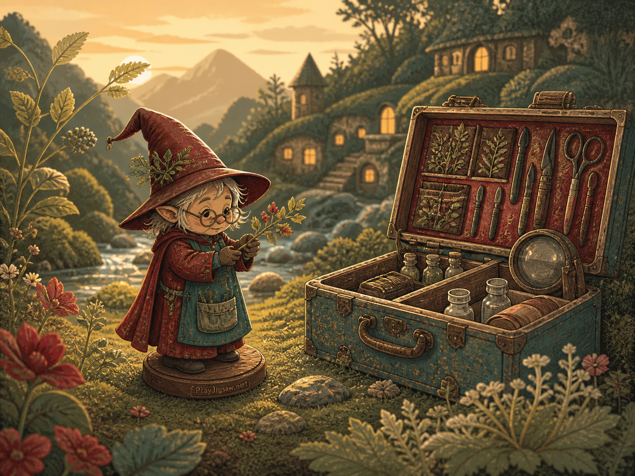 Tiny Wizard Herbarium turning beside well-used magical tool case in a luminous miniature valley, with layered scenery and golden lamplight at dusk.