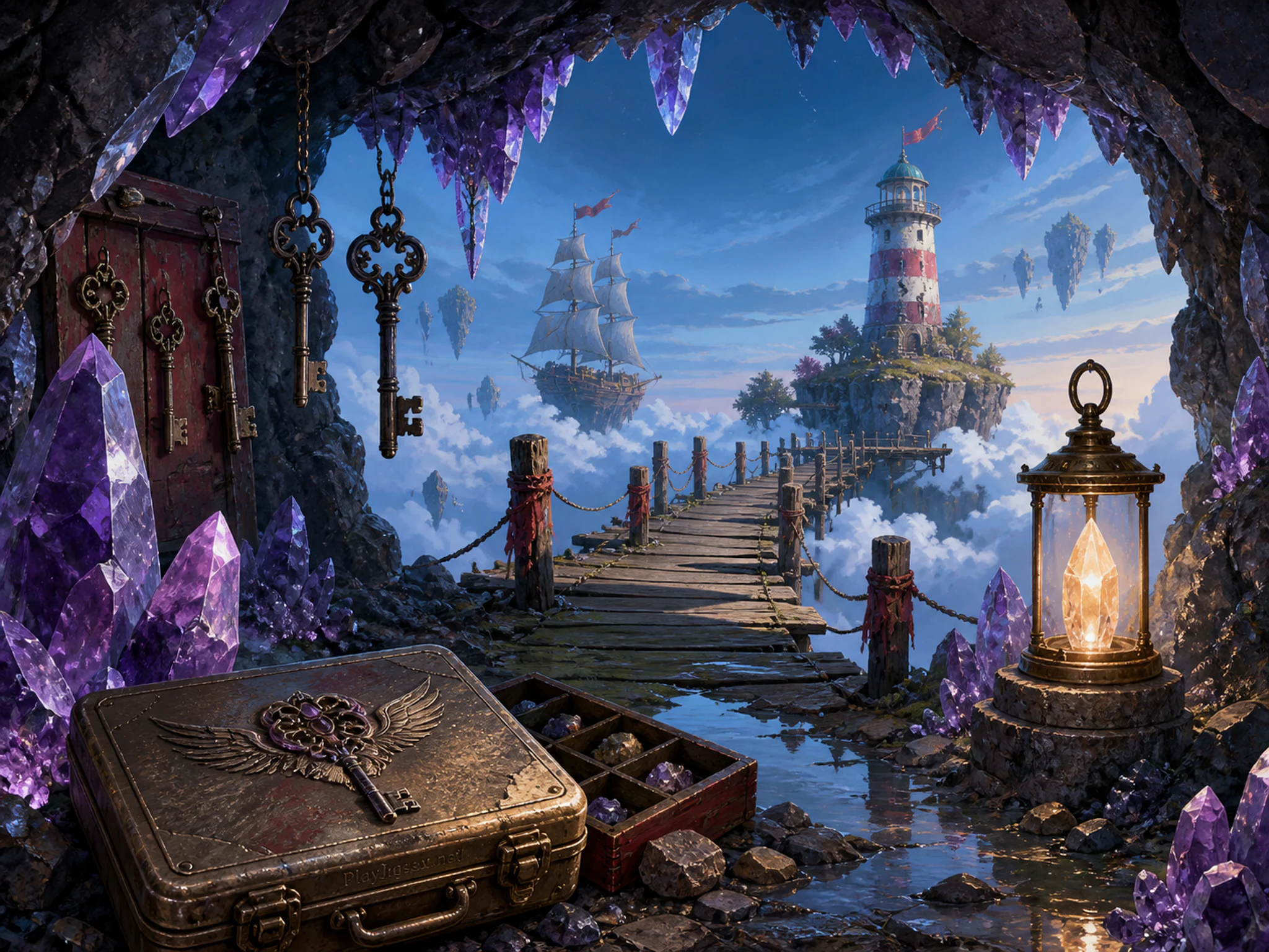 Amethyst Key Cavern turning beside glowing path lantern in a cloud-ringed floating dock, with layered scenery and cool blue-hour light.