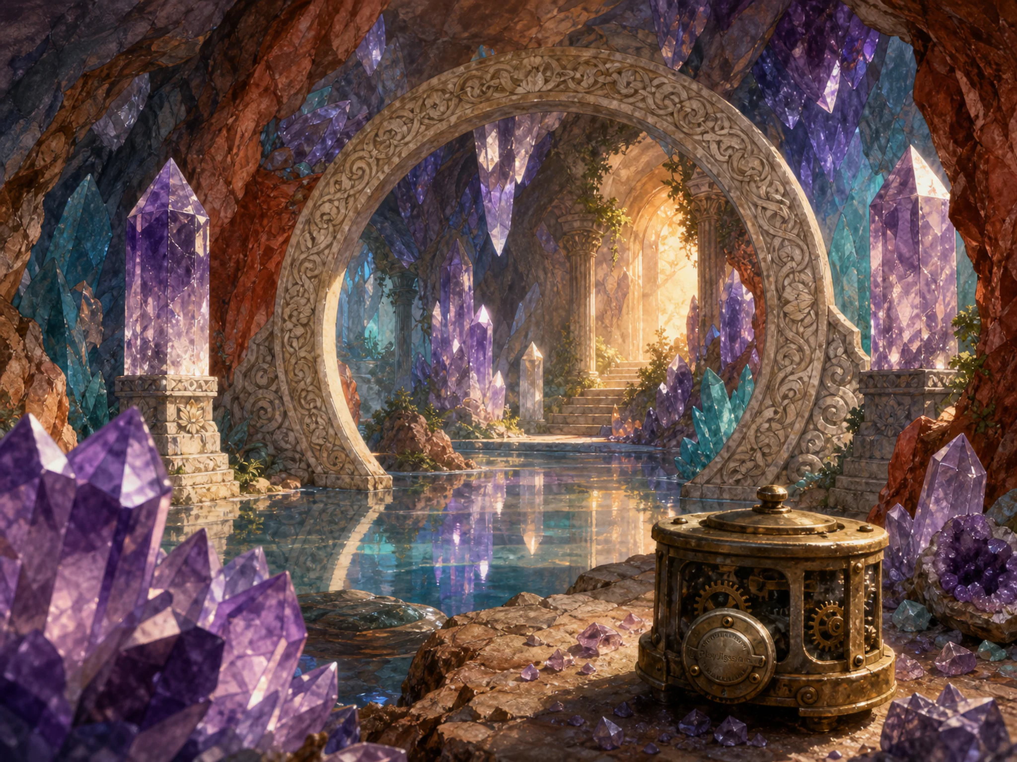 Amethyst Key Cavern reflecting across carved moon gate in a faceted underground realm, with layered scenery and warm late-day sunlight.