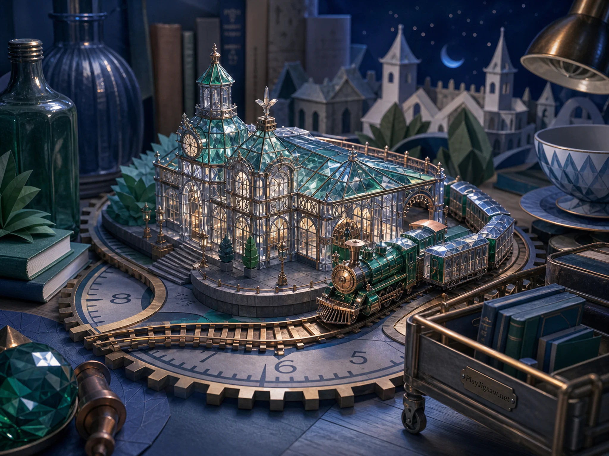 Crystal Railway Depot winding through calibrated gear dial in a playful oversized household world, with layered scenery and cool blue-hour light.