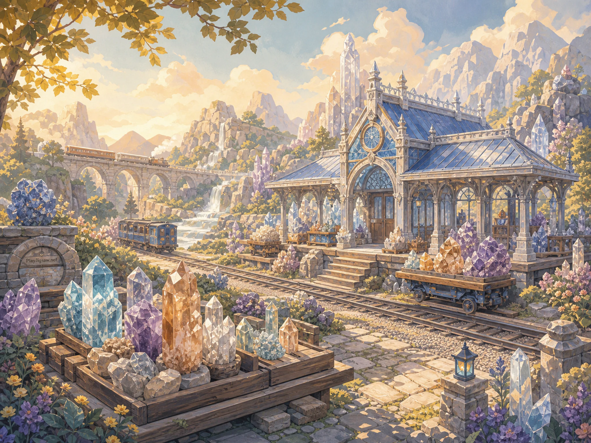 Crystal Railway Depot blooming around crystal specimen stand in a luminous miniature valley, with layered scenery and warm late-day sunlight.