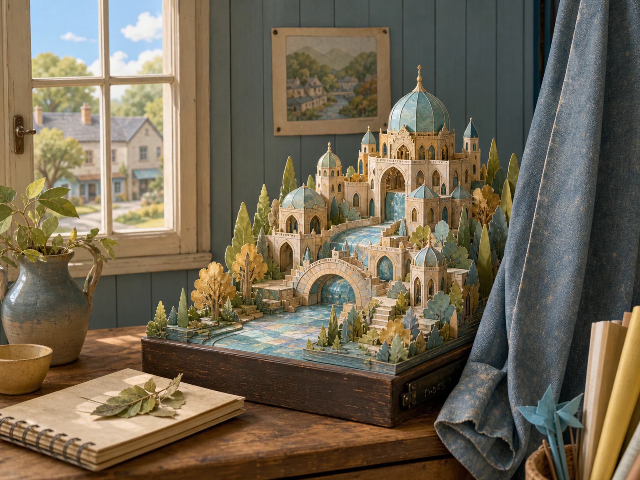opal river palace presented as a handcrafted miniature beside a folded canvas curtain in an opal river-palace diorama in a quiet community-hall display, with familiar objects and.