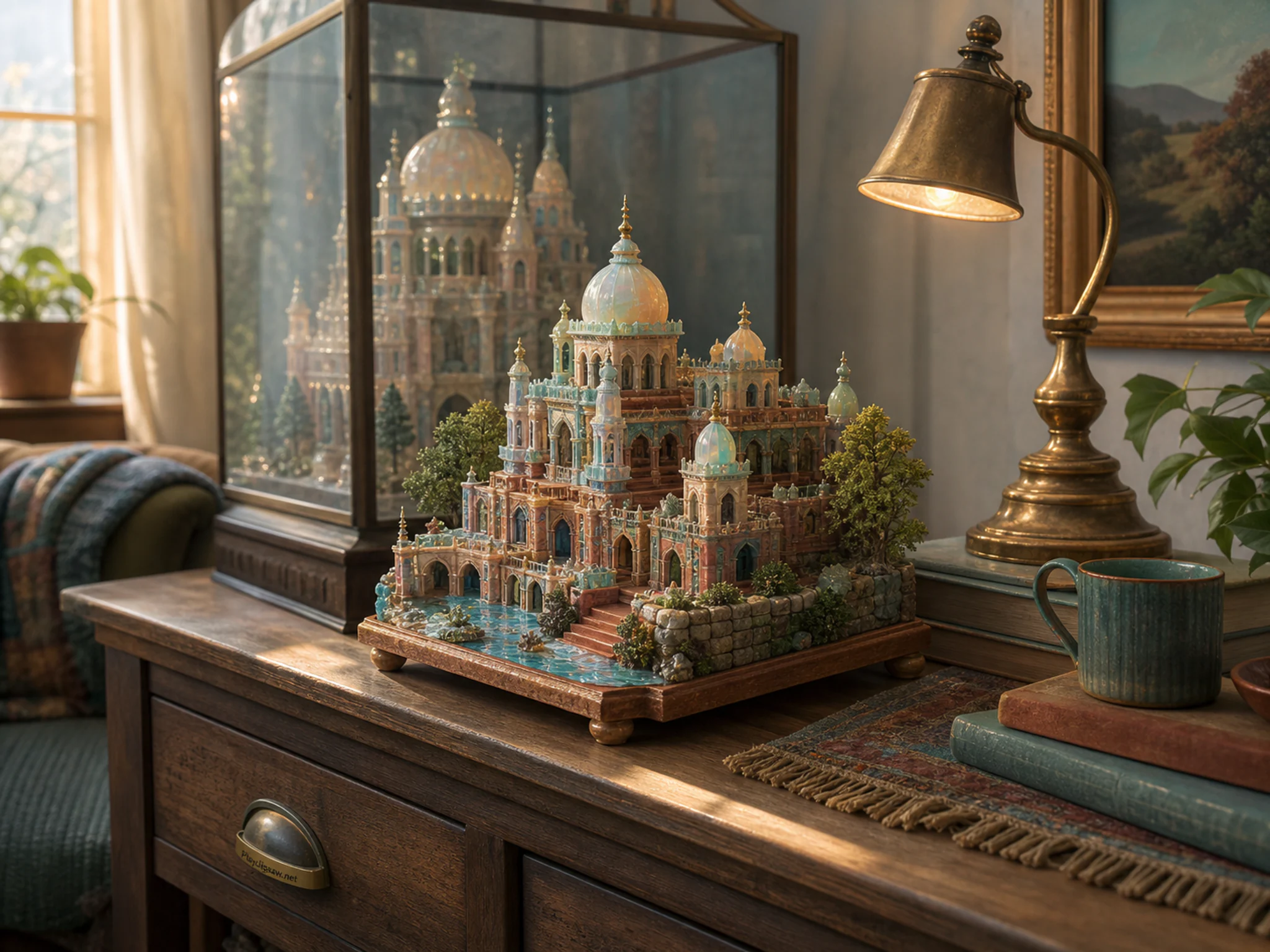 opal river palace presented as a handcrafted miniature beside a small brass table lamp in a crystal-palace diorama on a living-room cabinet, with familiar objects and clear.