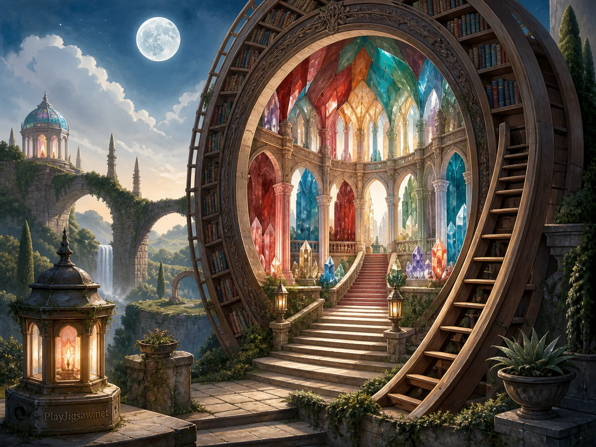 Rainbow Mineral Hall built within rolling library ladder in a moonlit impossible garden, with layered scenery and clear early morning light.
