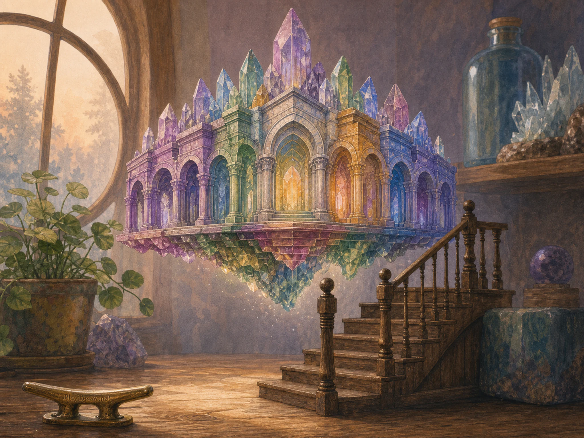 Rainbow Mineral Hall hovering above miniature household stair in a friendly magical workshop, with layered scenery and calm misty dawn.