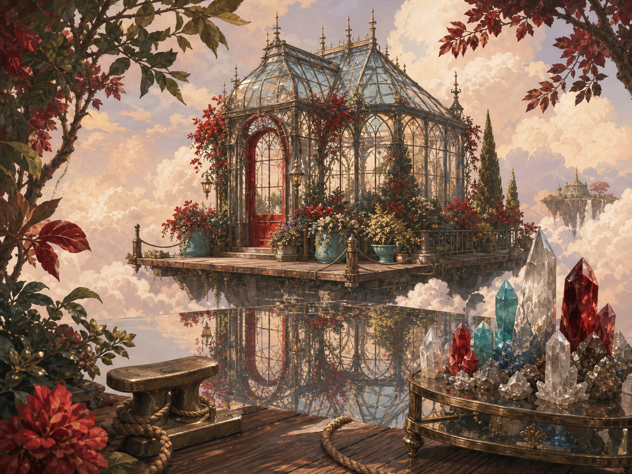 Fairy Glasshouse reflecting across crystal specimen stand in a cloud-ringed floating dock, with layered scenery and warm late-day sunlight.
