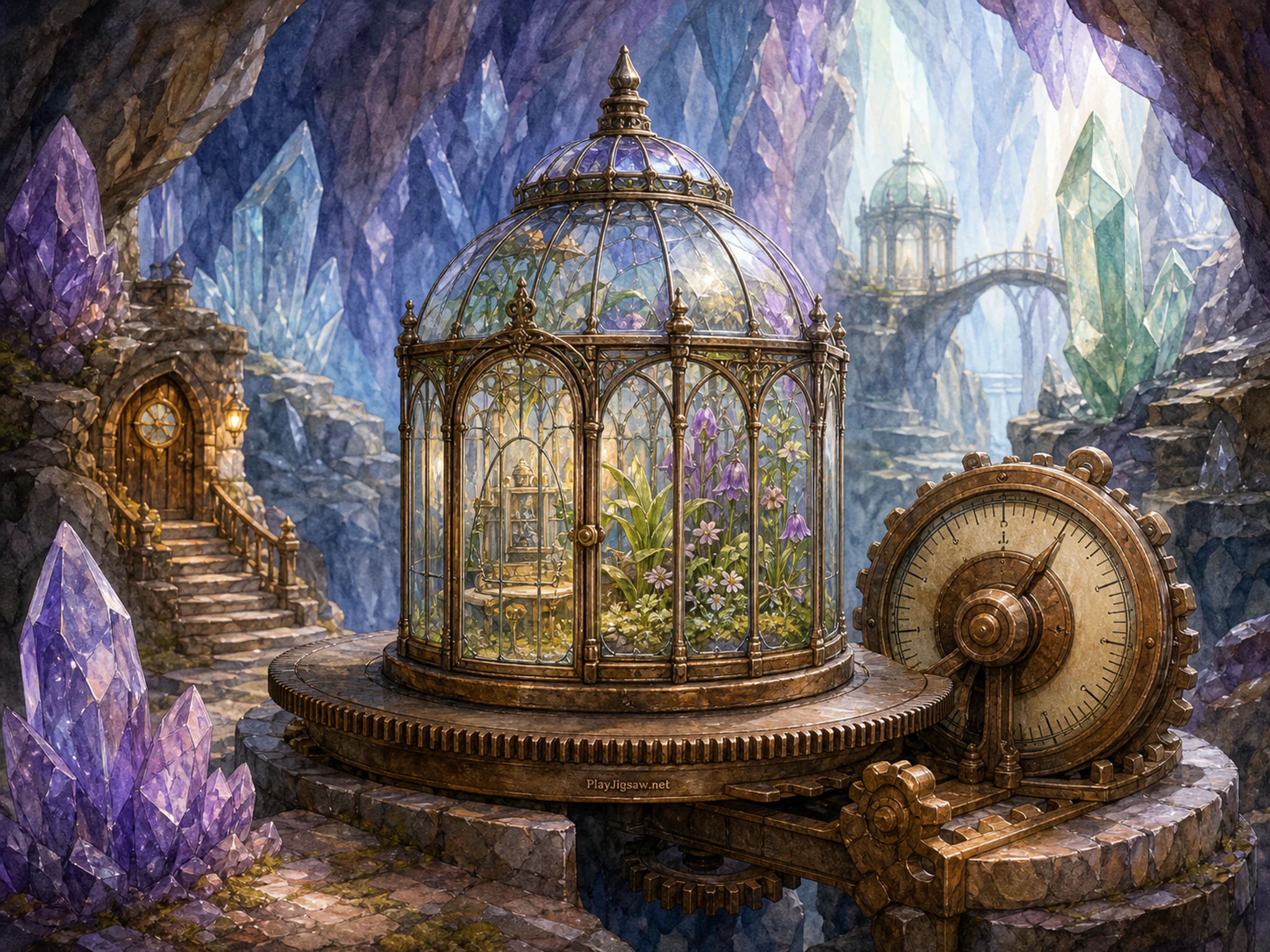 Fairy Glasshouse turning beside calibrated gear dial in a faceted underground realm, with layered scenery and clear early morning light.