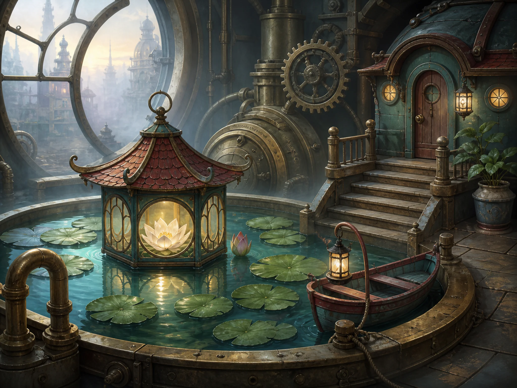 Lantern Lily Pond moored near miniature household stair in a brass mechanical chamber, with layered scenery and calm misty dawn.