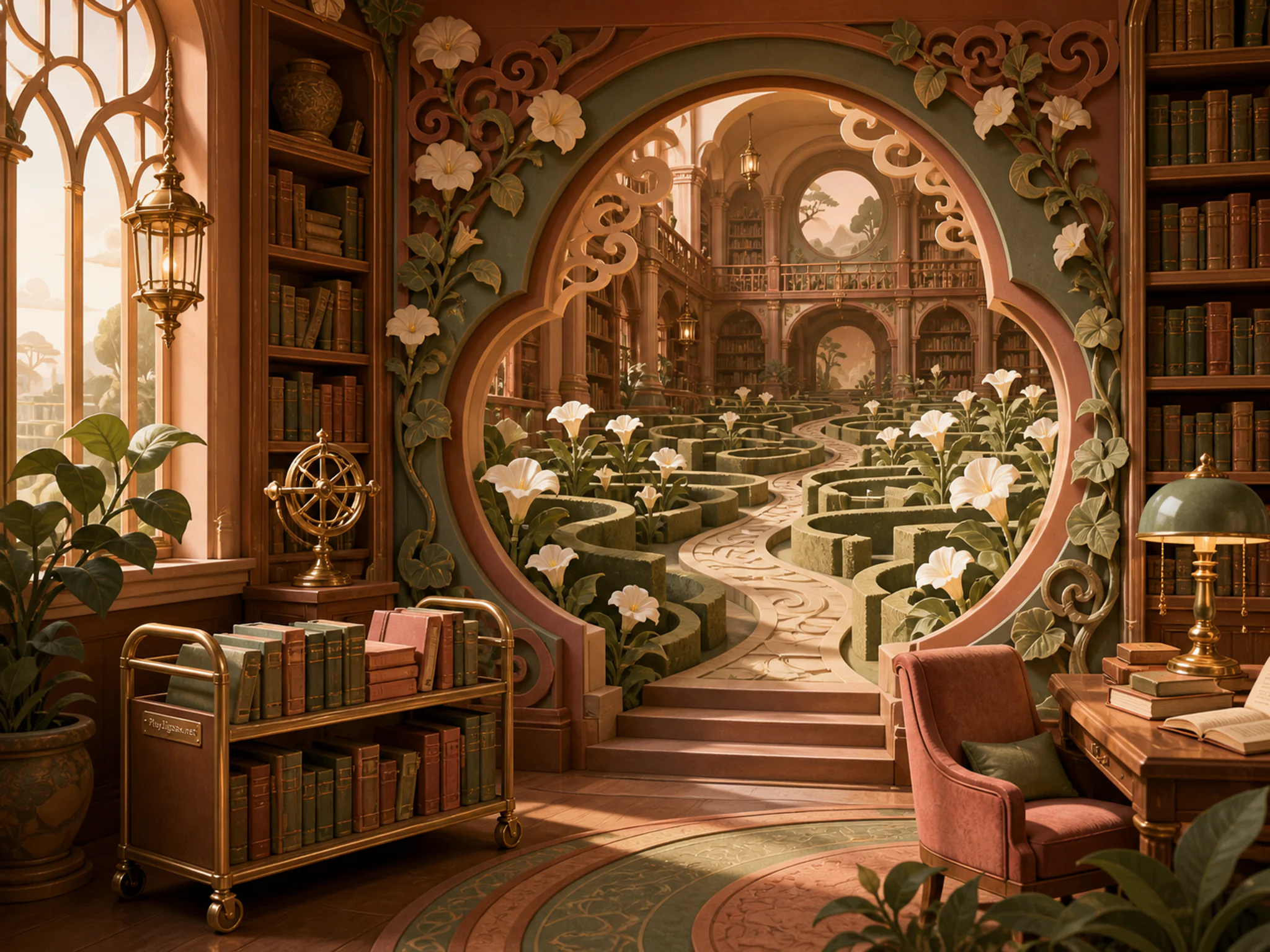 Moonflower Maze winding through carved moon gate in a high enchanted reading hall, with layered scenery and warm late-day sunlight.