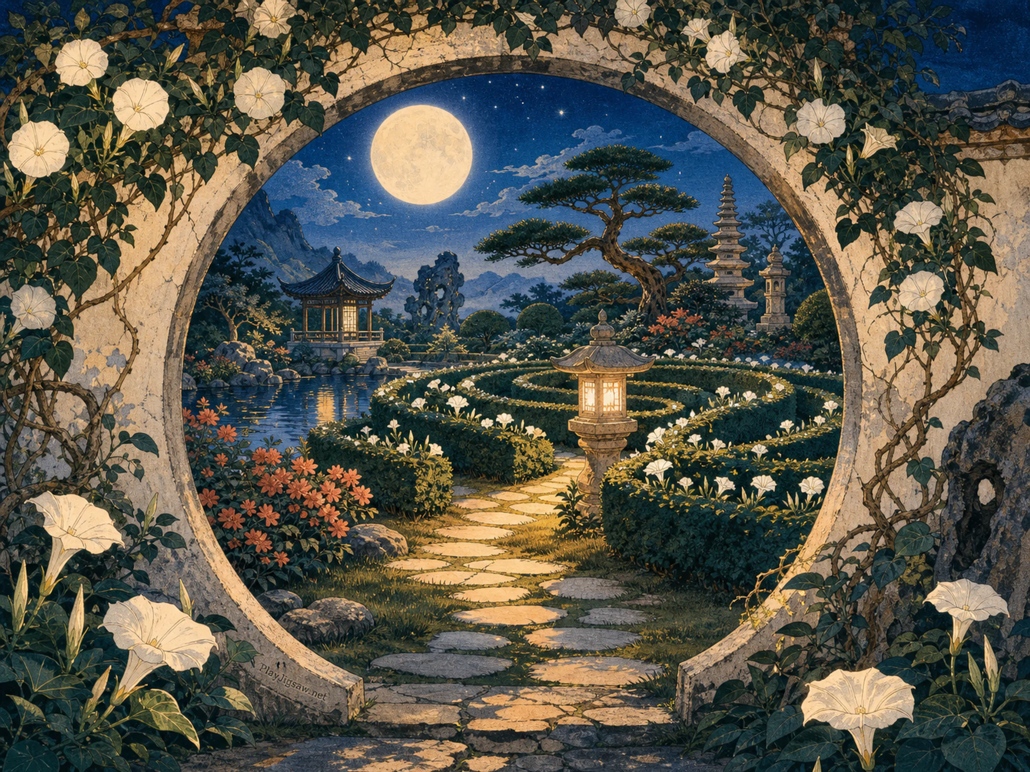 Moonflower Maze blooming around glowing path lantern in a moonlit impossible garden, with layered scenery and clear early morning light.