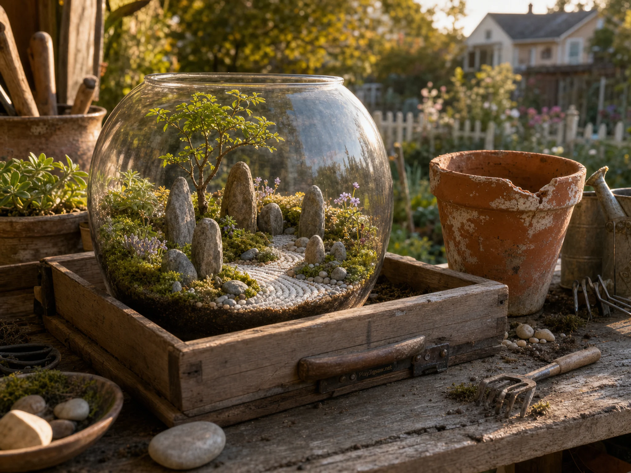 singing stone garden presented as a handcrafted miniature beside a chipped terracotta pot in a singing-stone garden terrarium on a backyard potting bench, with familiar objects.