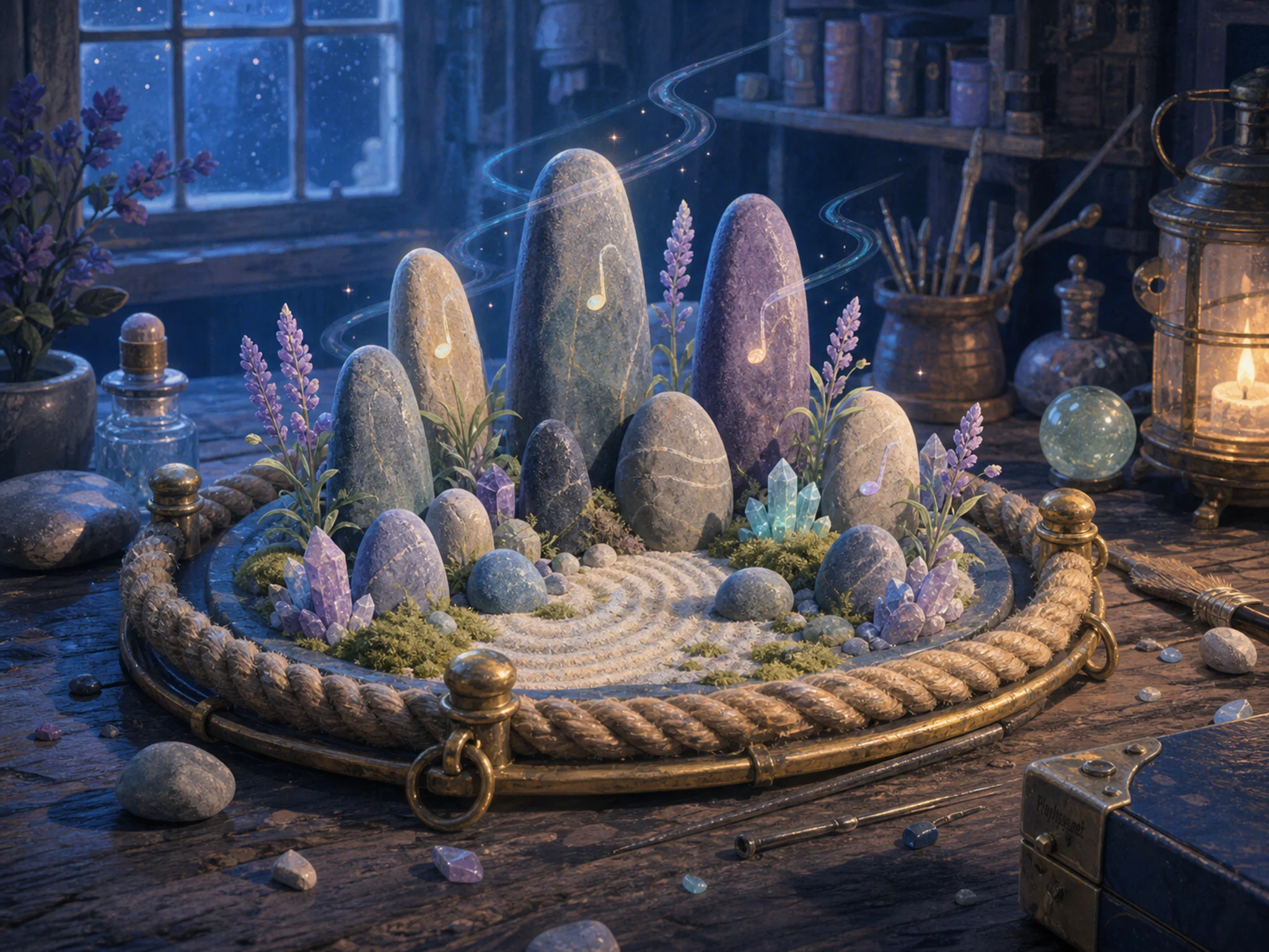 Singing Stone Garden built within rope-and-brass mooring in a friendly magical workshop, with layered scenery and cool blue-hour light.