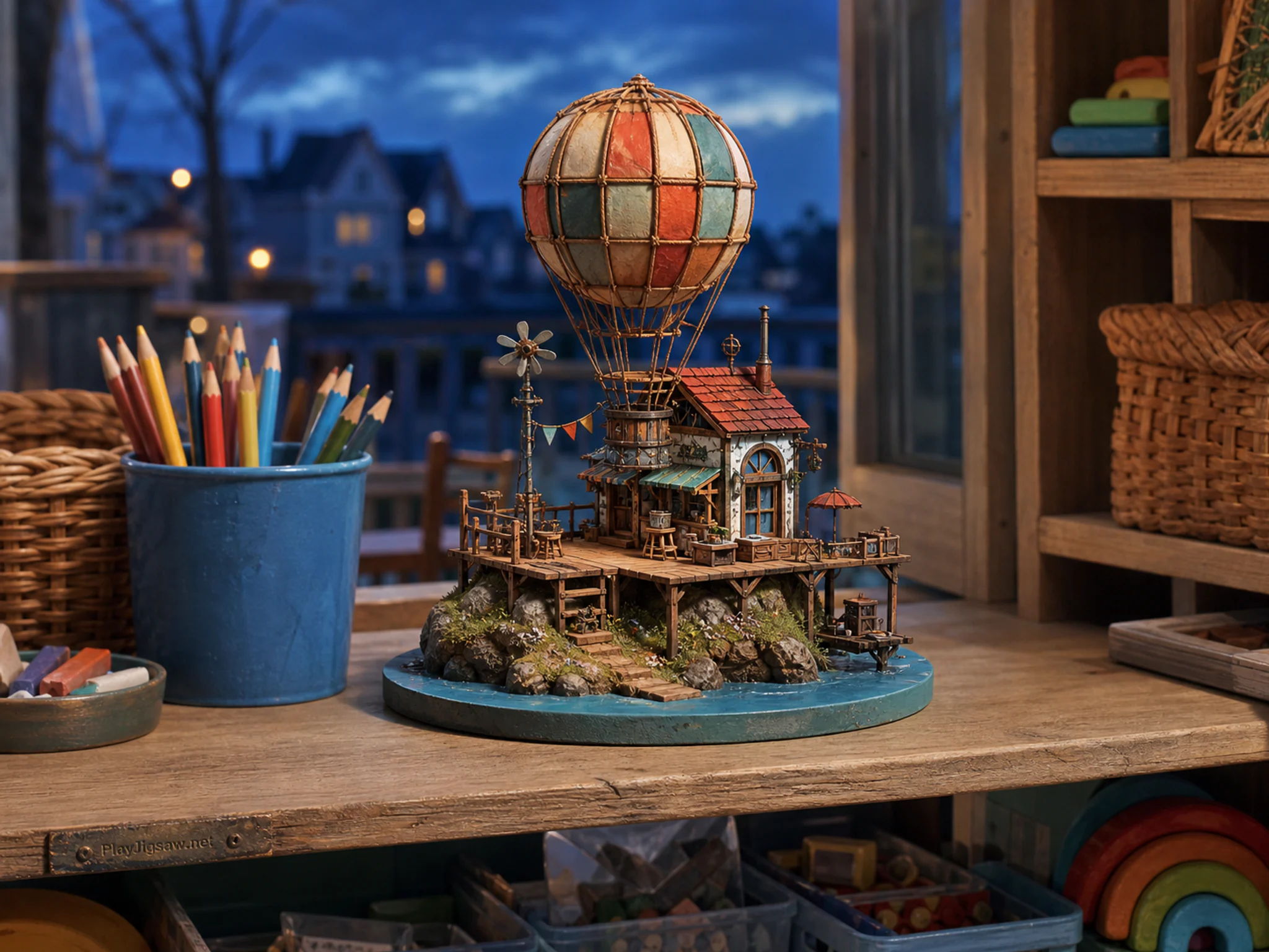 balloon island workshop presented as a handcrafted miniature beside a blue pencil cup without text in a cloud-harbor model on a classroom activity shelf, with familiar objects.