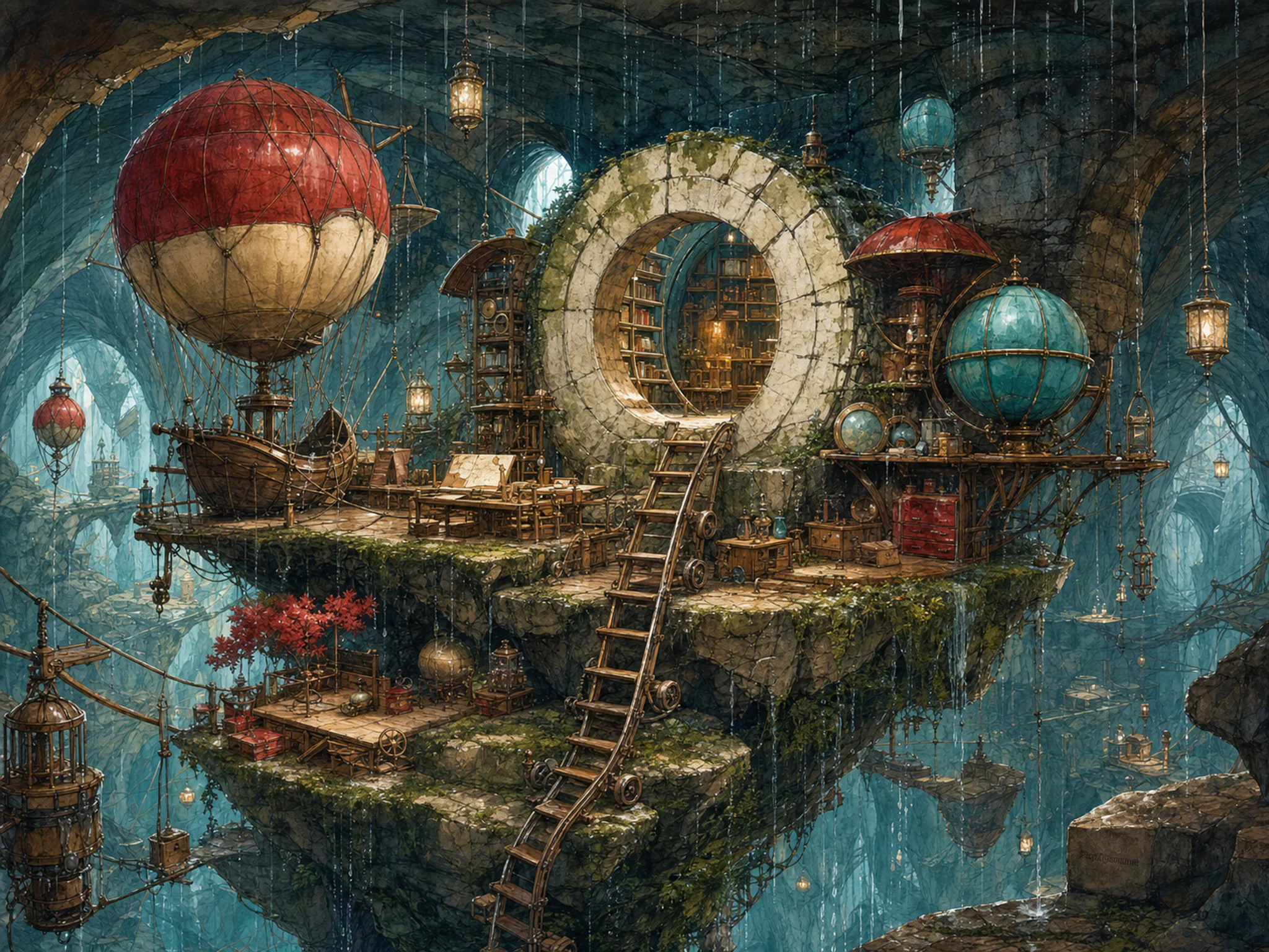 Balloon Island Workshop blooming around rolling library ladder in a faceted underground realm, with layered scenery and gentle rain with crisp reflections.