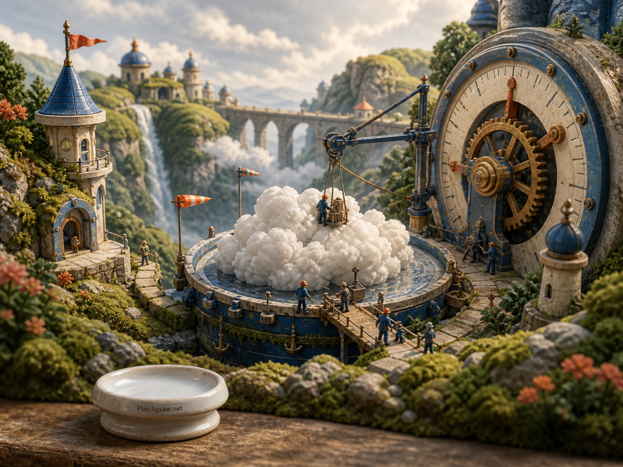 Cloud Harbor being repaired beside calibrated gear dial in a luminous miniature valley, with layered scenery and soft overcast afternoon.