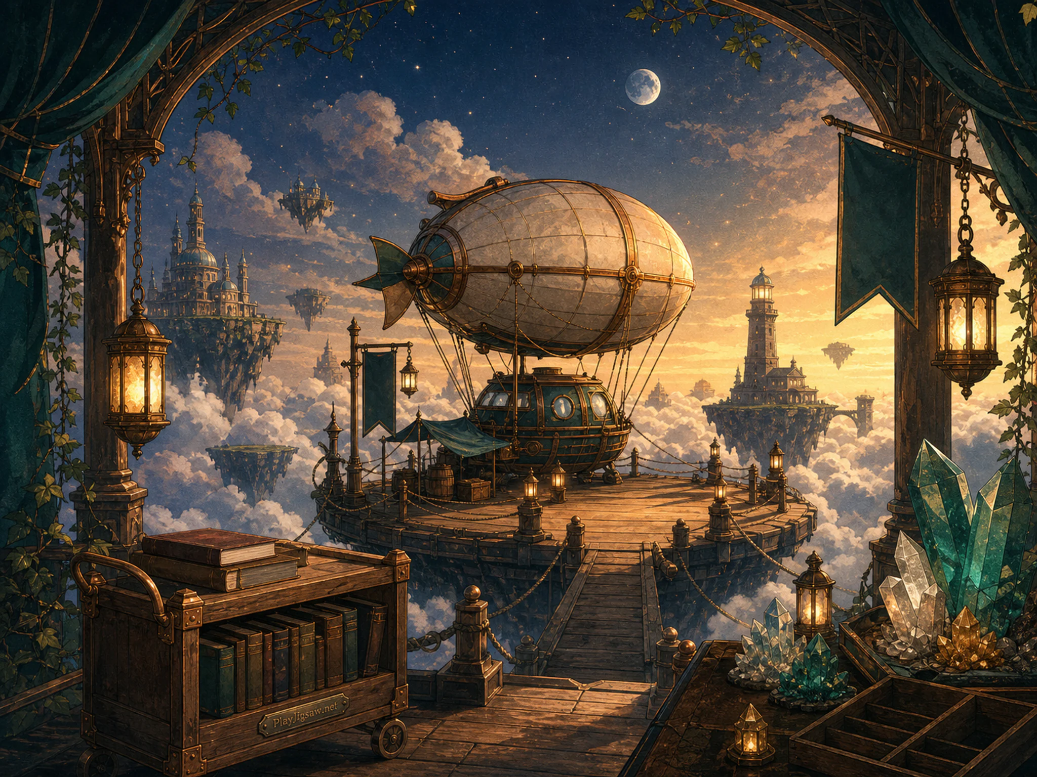 Cloud Harbor moored near crystal specimen stand in a cloud-ringed floating dock, with layered scenery and golden lamplight at dusk.