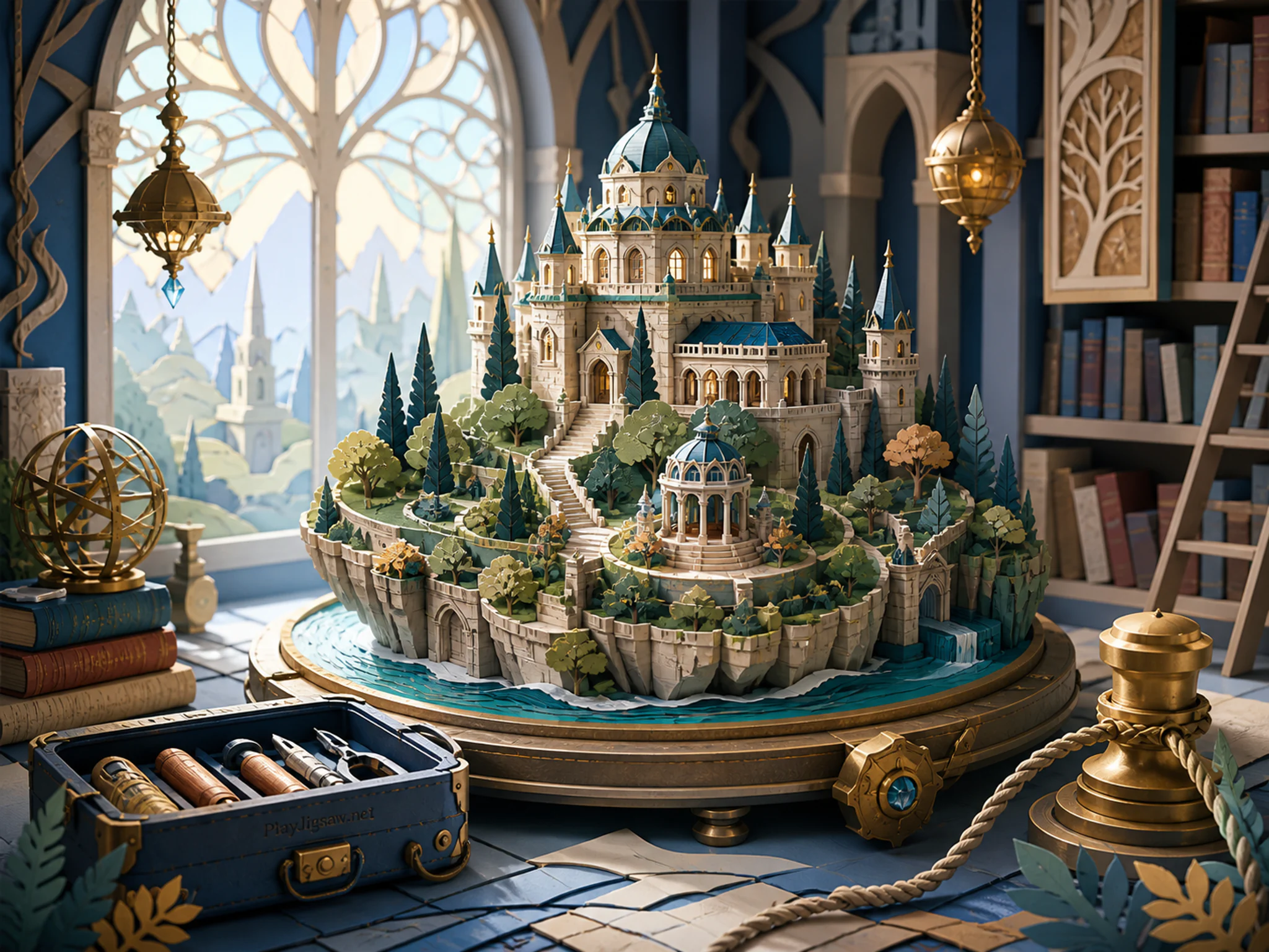 Garden Citadel turning beside rope-and-brass mooring in a high enchanted reading hall, with layered scenery and bright diffused window light.
