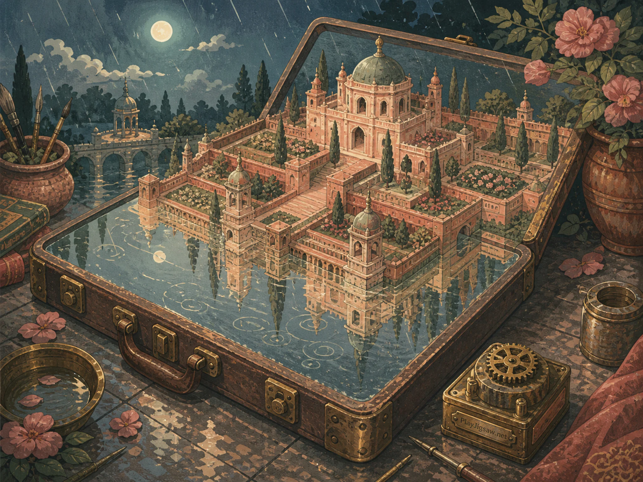 Garden Citadel reflecting across well-used magical tool case in a moonlit impossible garden, with layered scenery and gentle rain with crisp reflections.