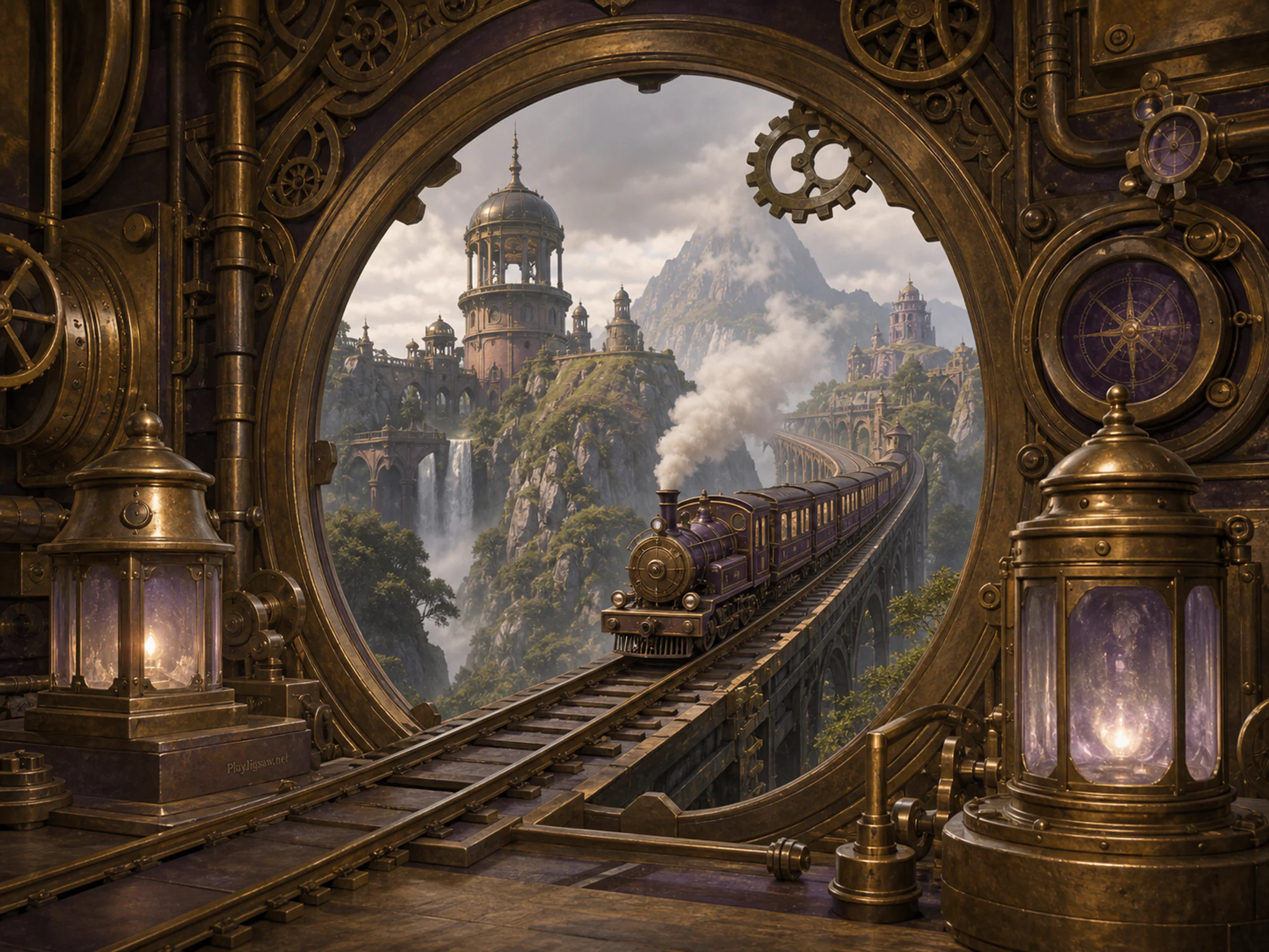 Sky Railway built within carved moon gate in a brass mechanical chamber, with layered scenery and soft overcast afternoon.