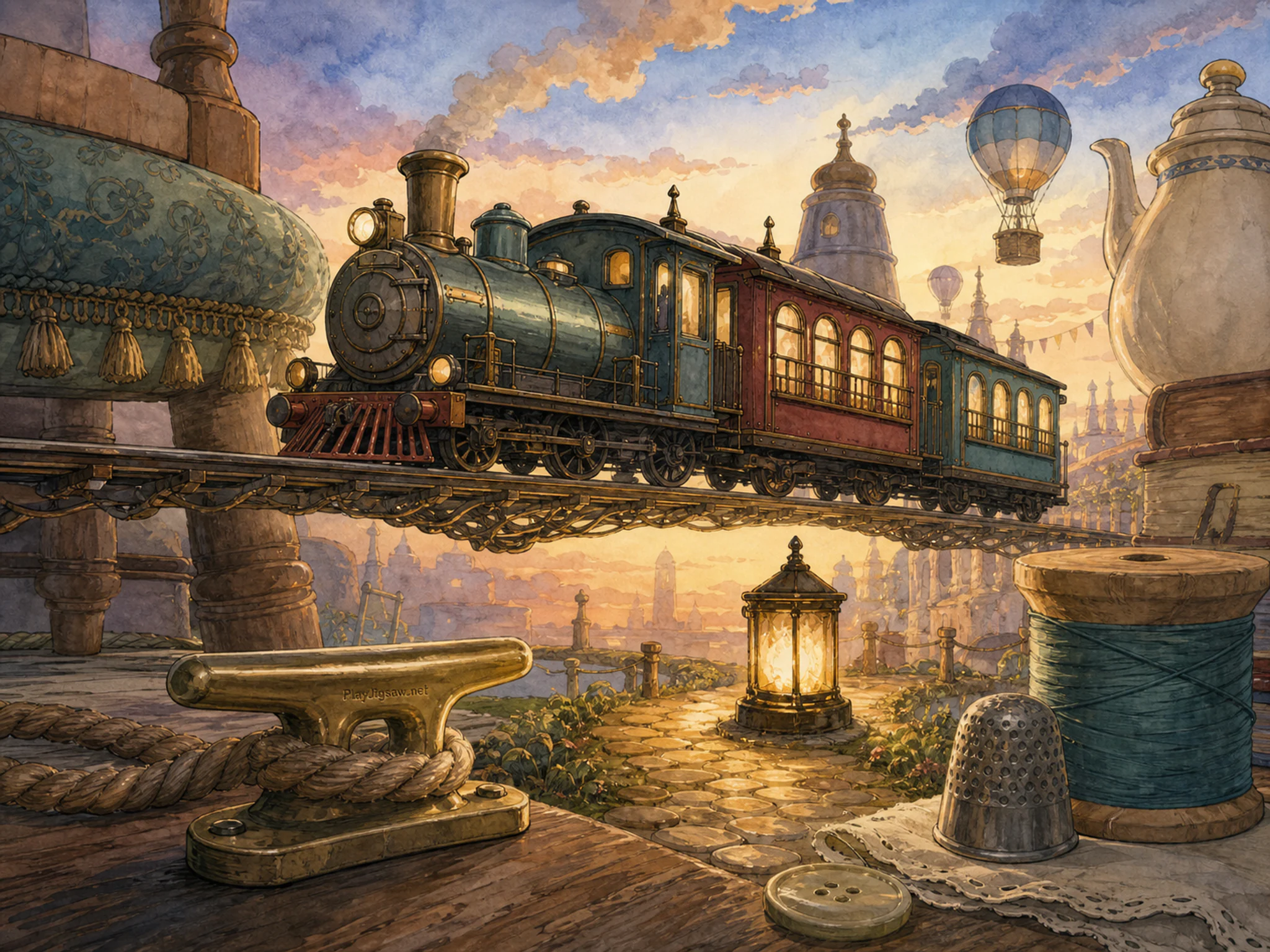 Sky Railway hovering above glowing path lantern in a playful oversized household world, with layered scenery and golden lamplight at dusk.