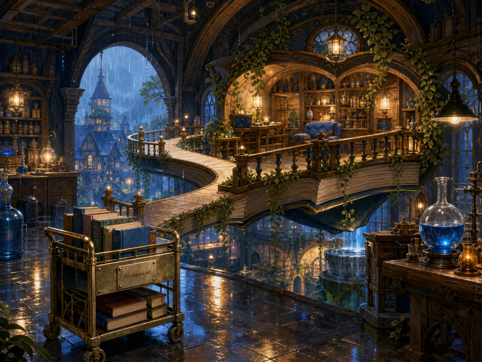 Floating Book Balcony winding through well-used magical tool case in a friendly magical workshop, with layered scenery and gentle rain with crisp reflections.