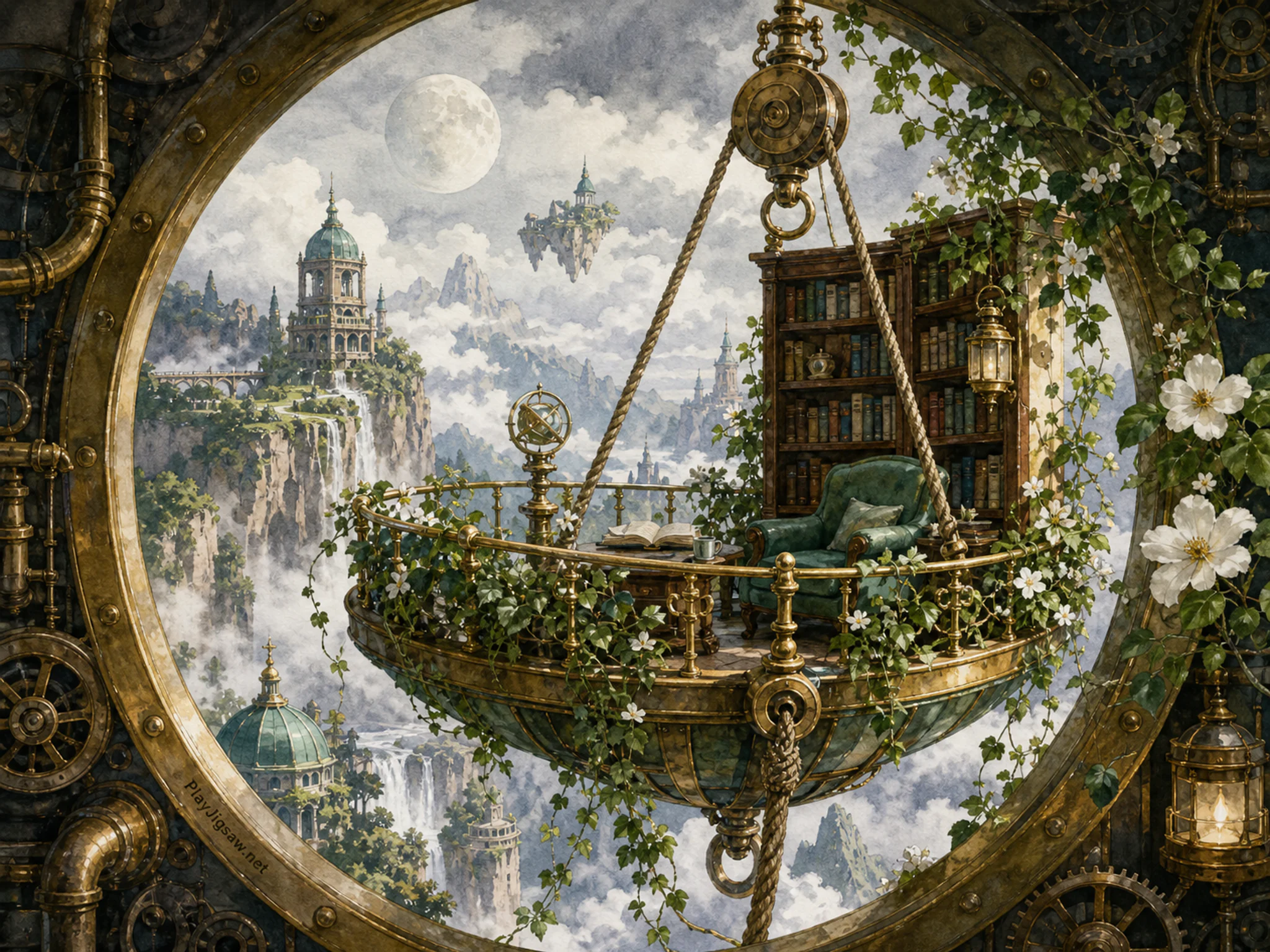 Floating Book Balcony blooming around rope-and-brass mooring in a brass mechanical chamber, with layered scenery and soft overcast afternoon.