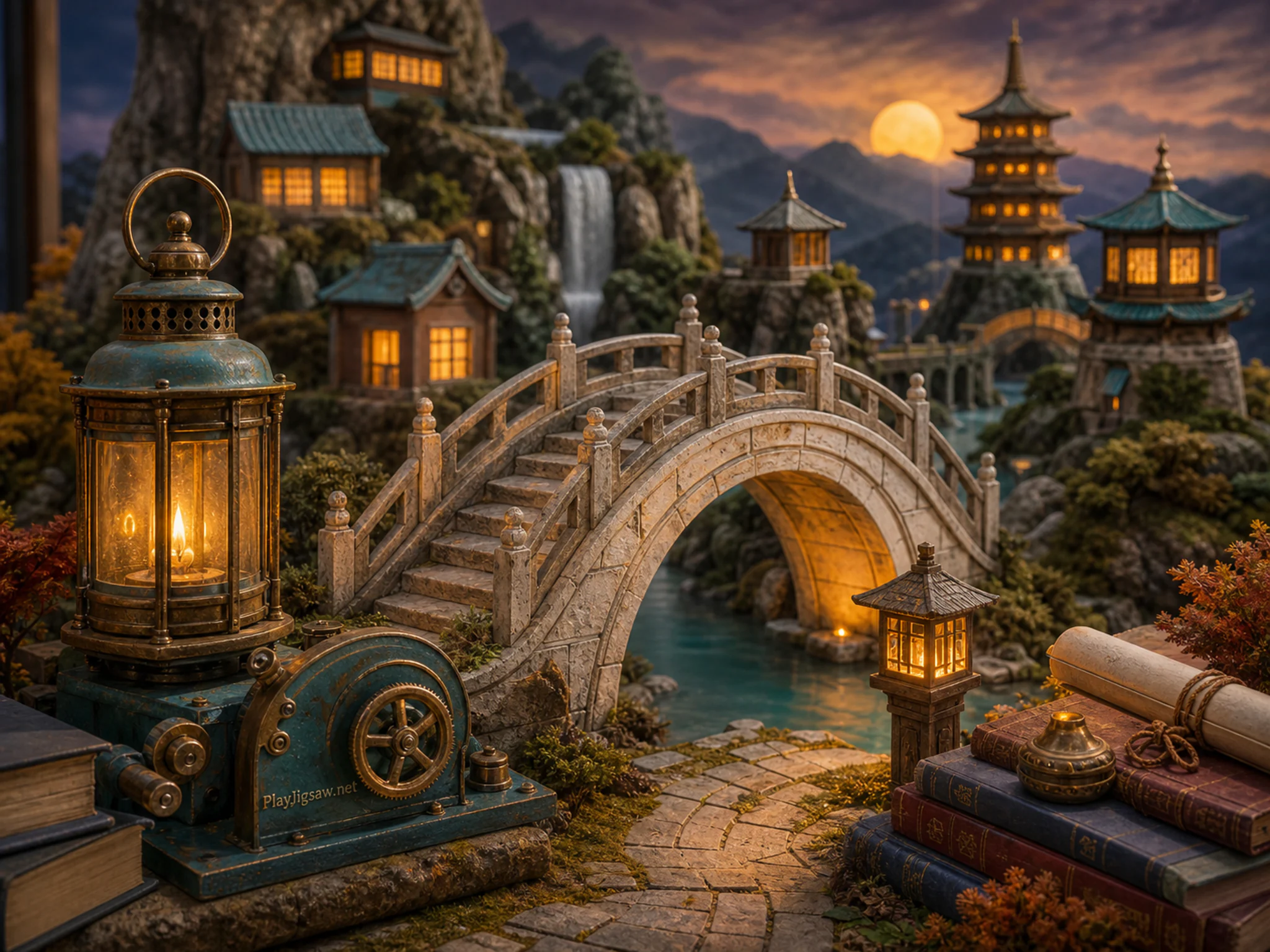 Moon Bridge Archive moored near glowing path lantern in a luminous miniature valley, with layered scenery and golden lamplight at dusk.