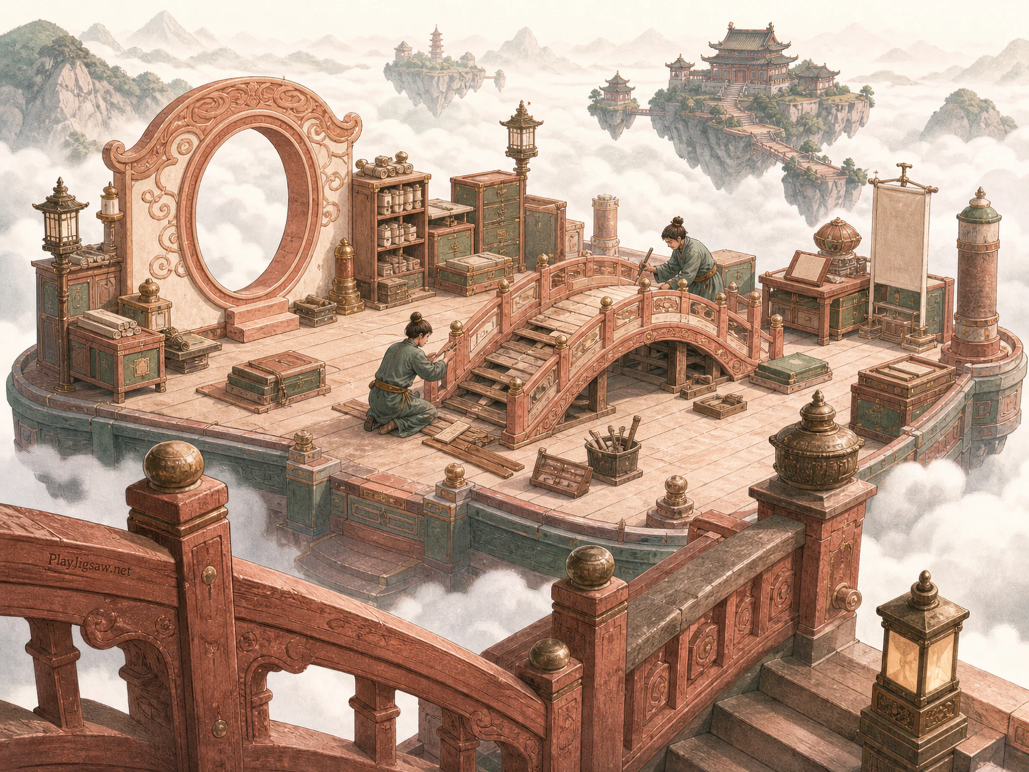 Moon Bridge Archive being repaired beside carved moon gate in a cloud-ringed floating dock, with layered scenery and bright diffused window light.