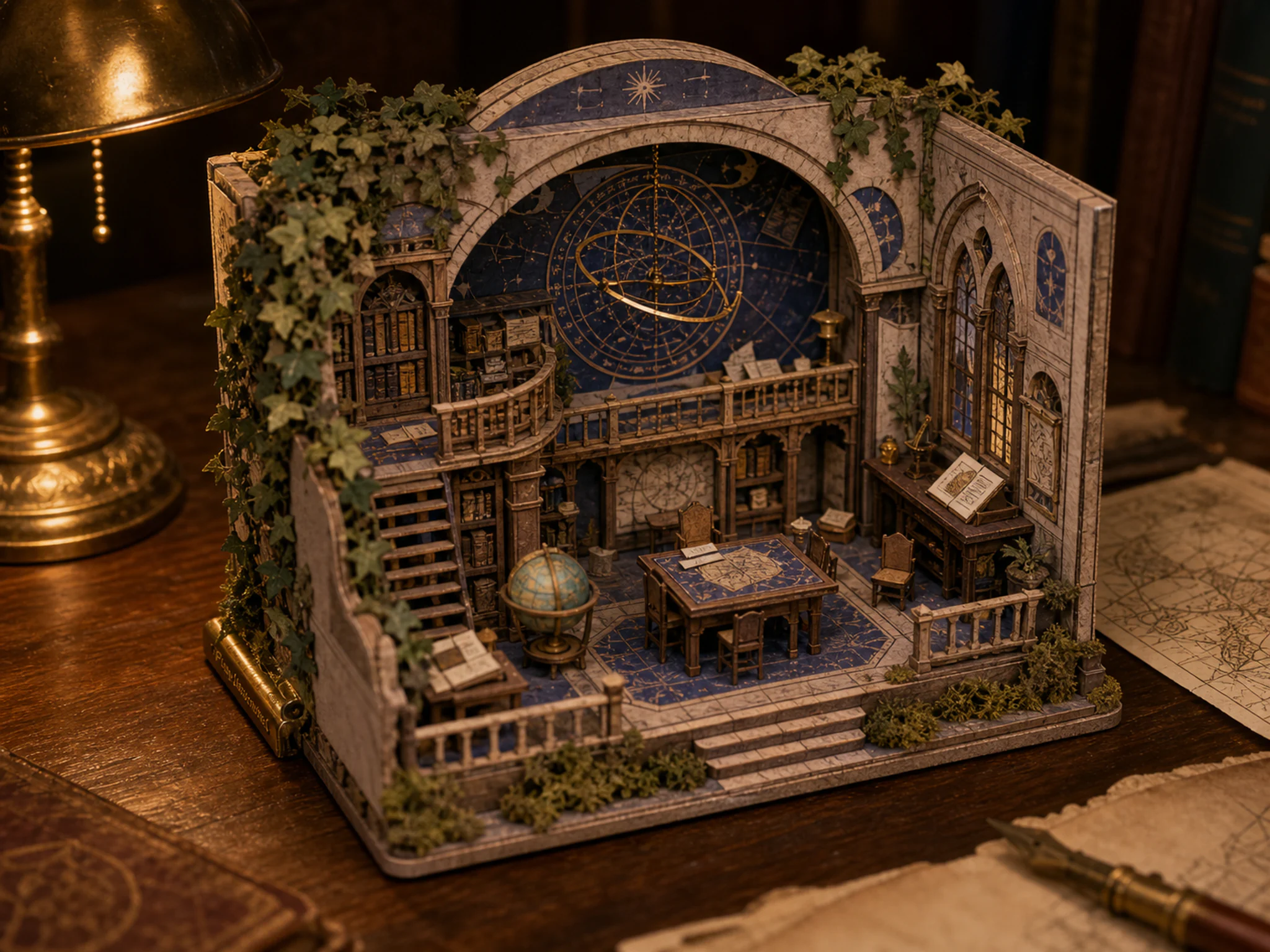 star map reading hall presented as a handcrafted miniature beside a brass table lamp in a star-map reading-hall miniature on a home study desk, with familiar objects and soft.