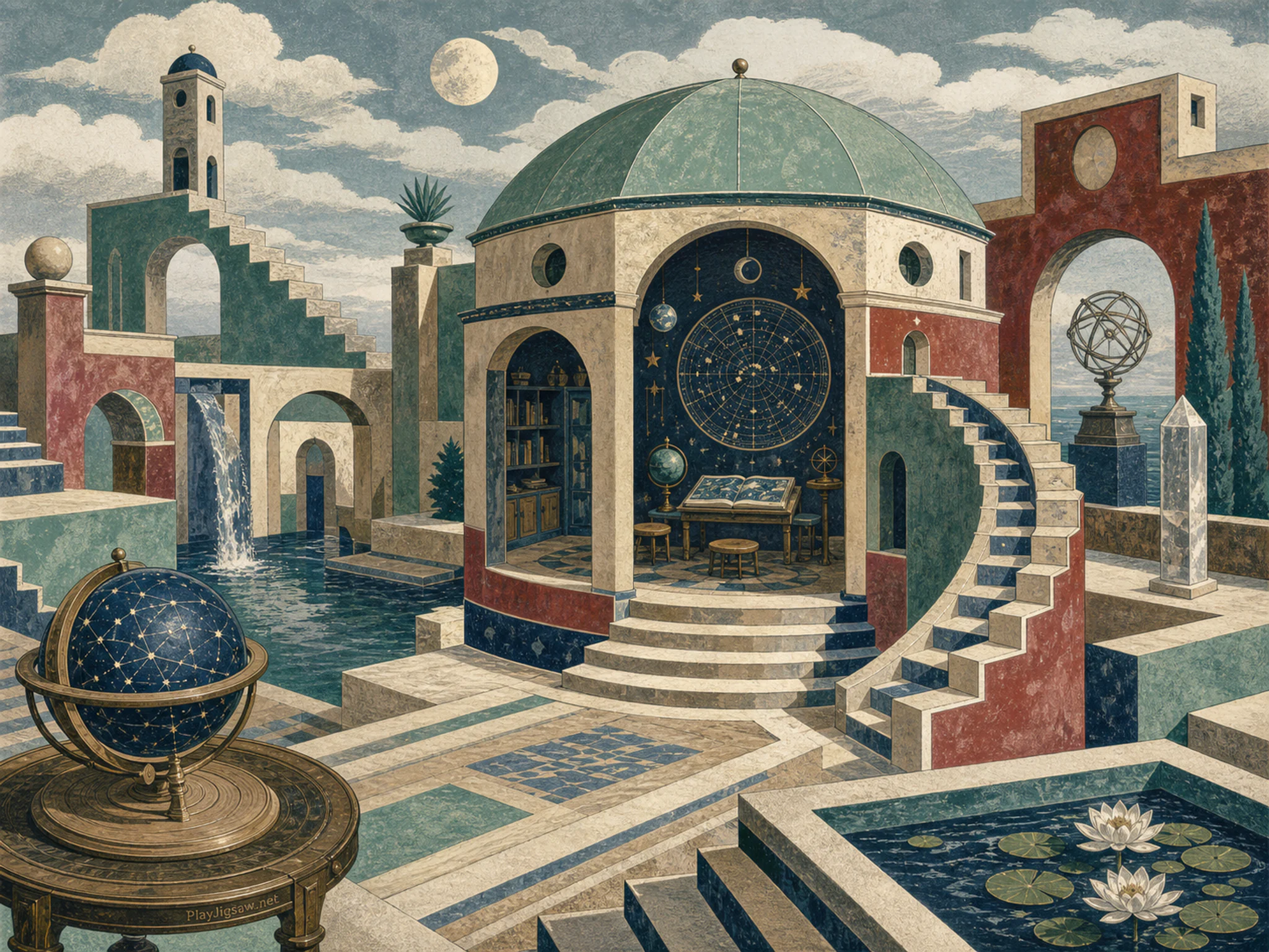 Star Map Reading Hall turning beside miniature household stair in a moonlit impossible garden, with layered scenery and soft overcast afternoon.