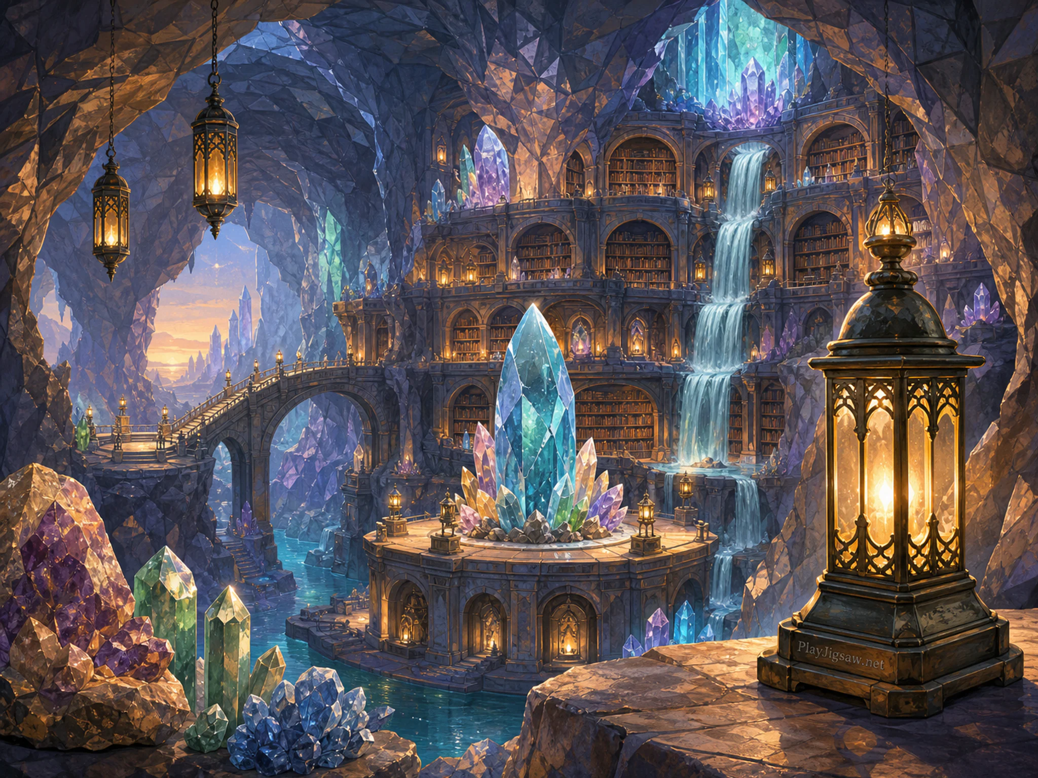 Waterfall Library built within crystal specimen stand in a faceted underground realm, with layered scenery and golden lamplight at dusk.