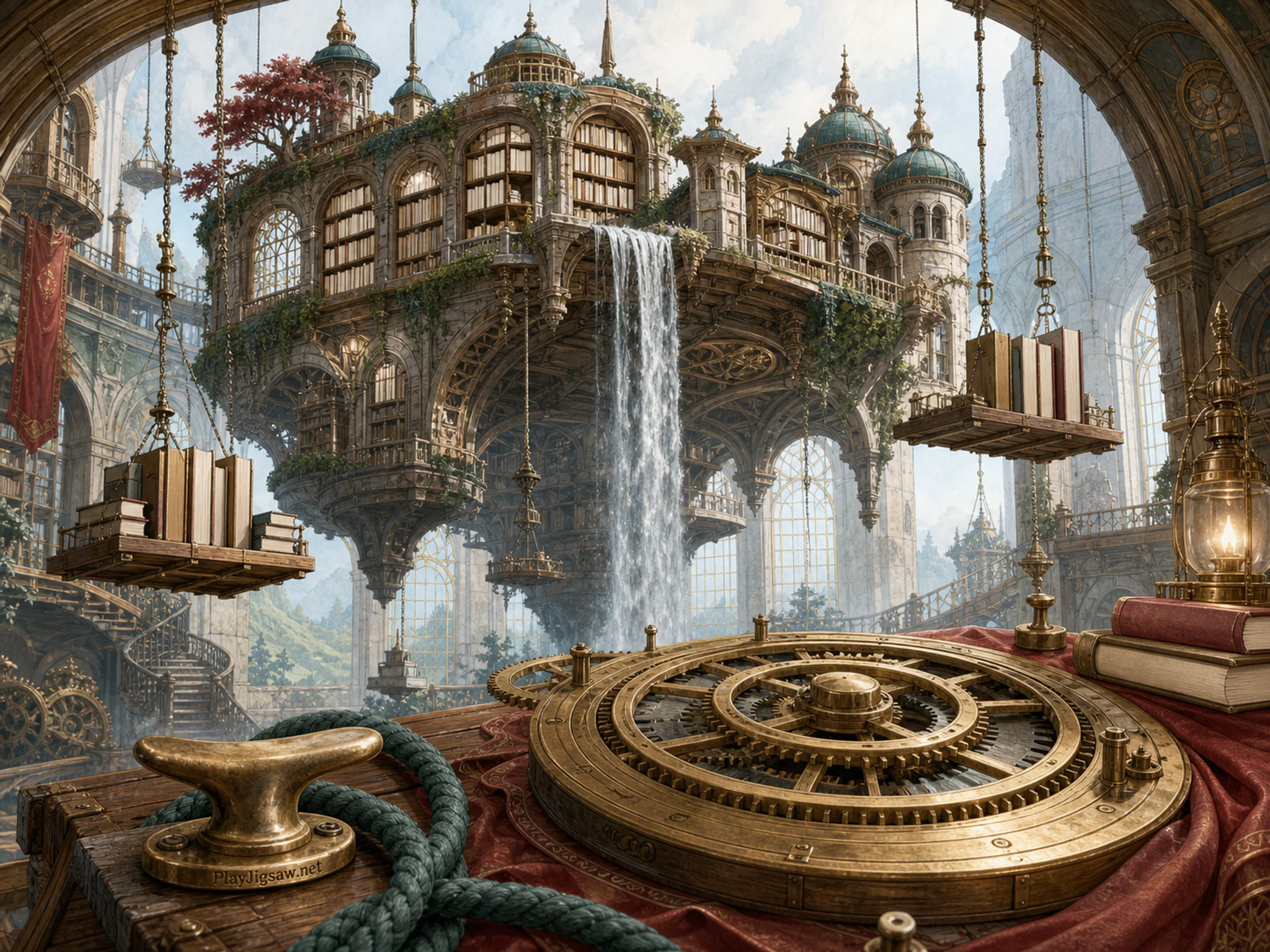 Waterfall Library hovering above calibrated gear dial in a high enchanted reading hall, with layered scenery and bright diffused window light.