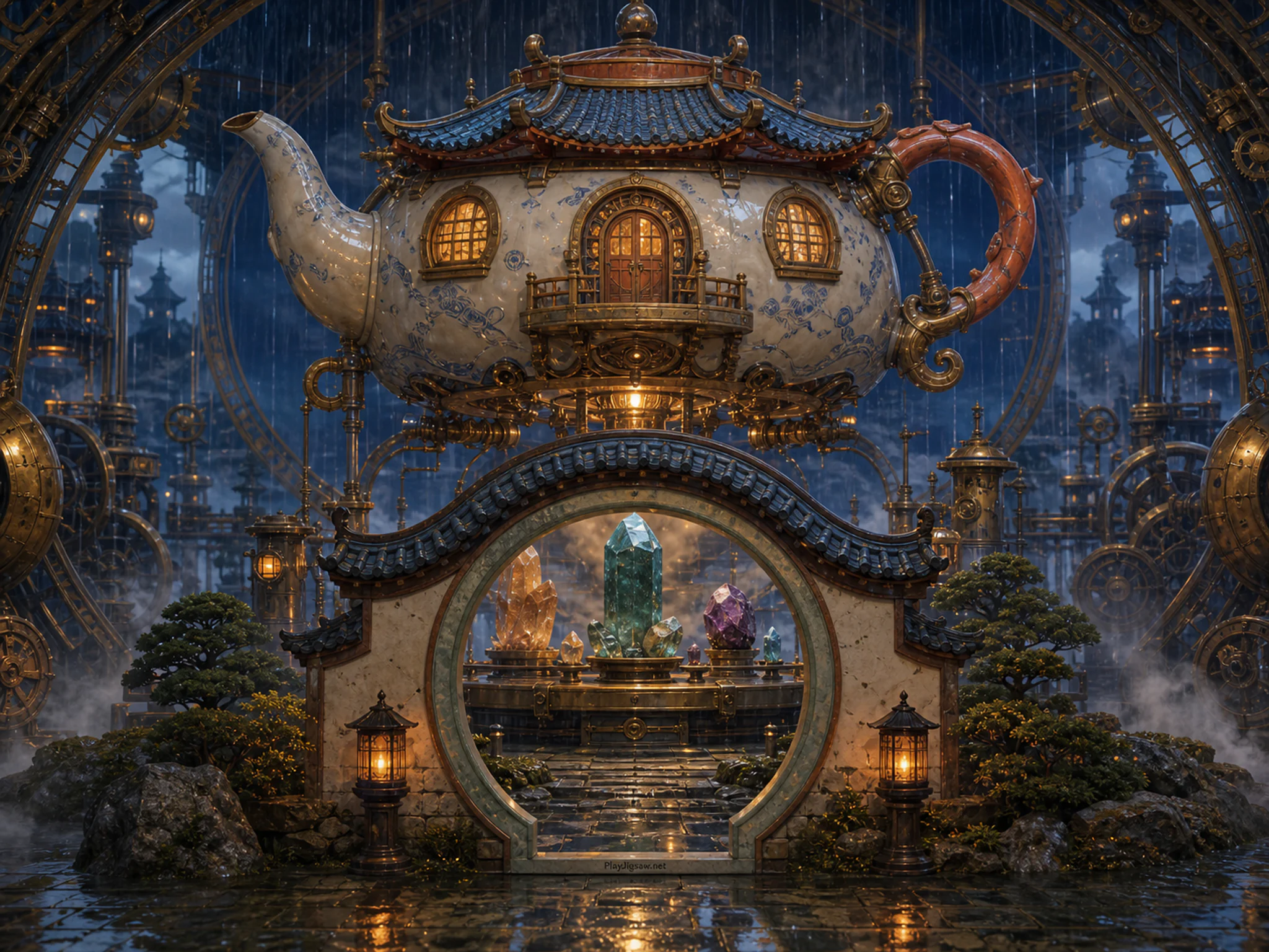 Giant Teapot House hovering above crystal specimen stand in a brass mechanical chamber, with layered scenery and gentle rain with crisp reflections.