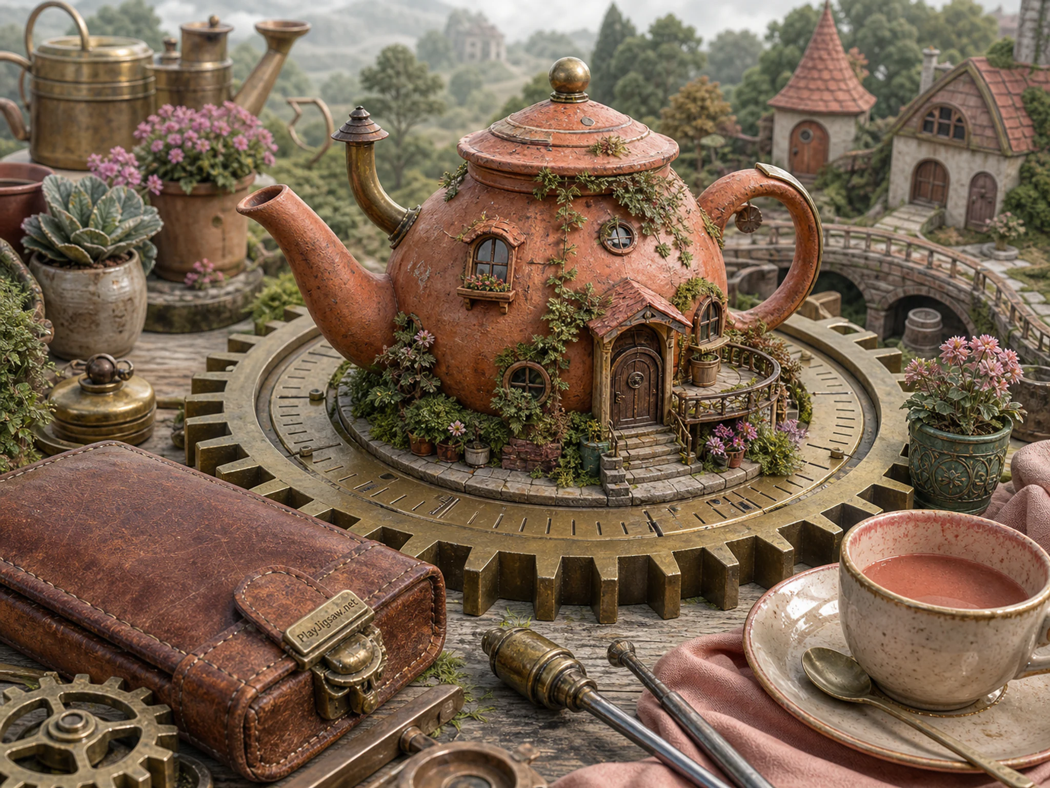 Giant Teapot House built within calibrated gear dial in a playful oversized household world, with layered scenery and soft overcast afternoon.