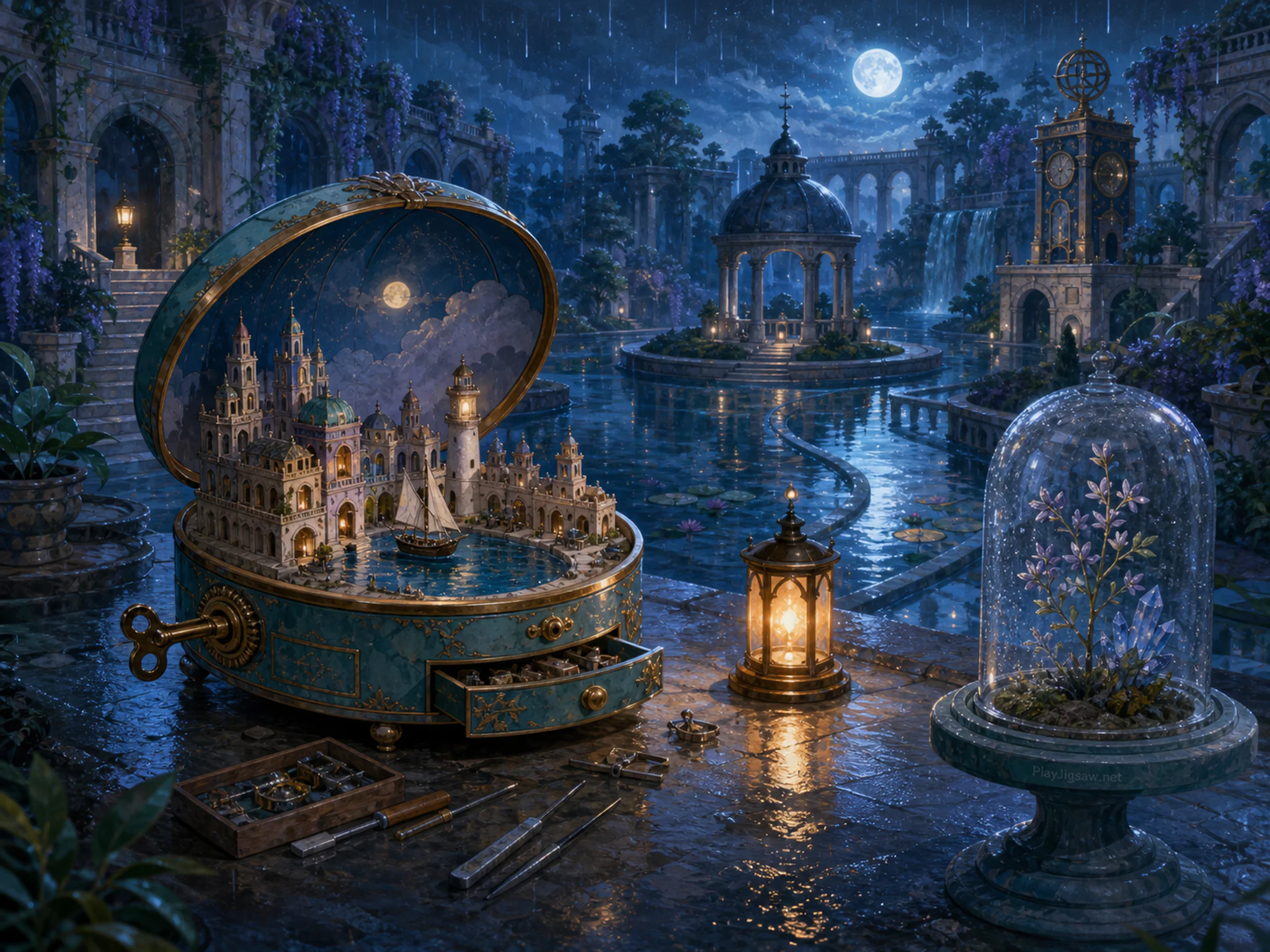 Music Box Harbor being repaired beside glowing path lantern in a moonlit impossible garden, with layered scenery and gentle rain with crisp reflections.