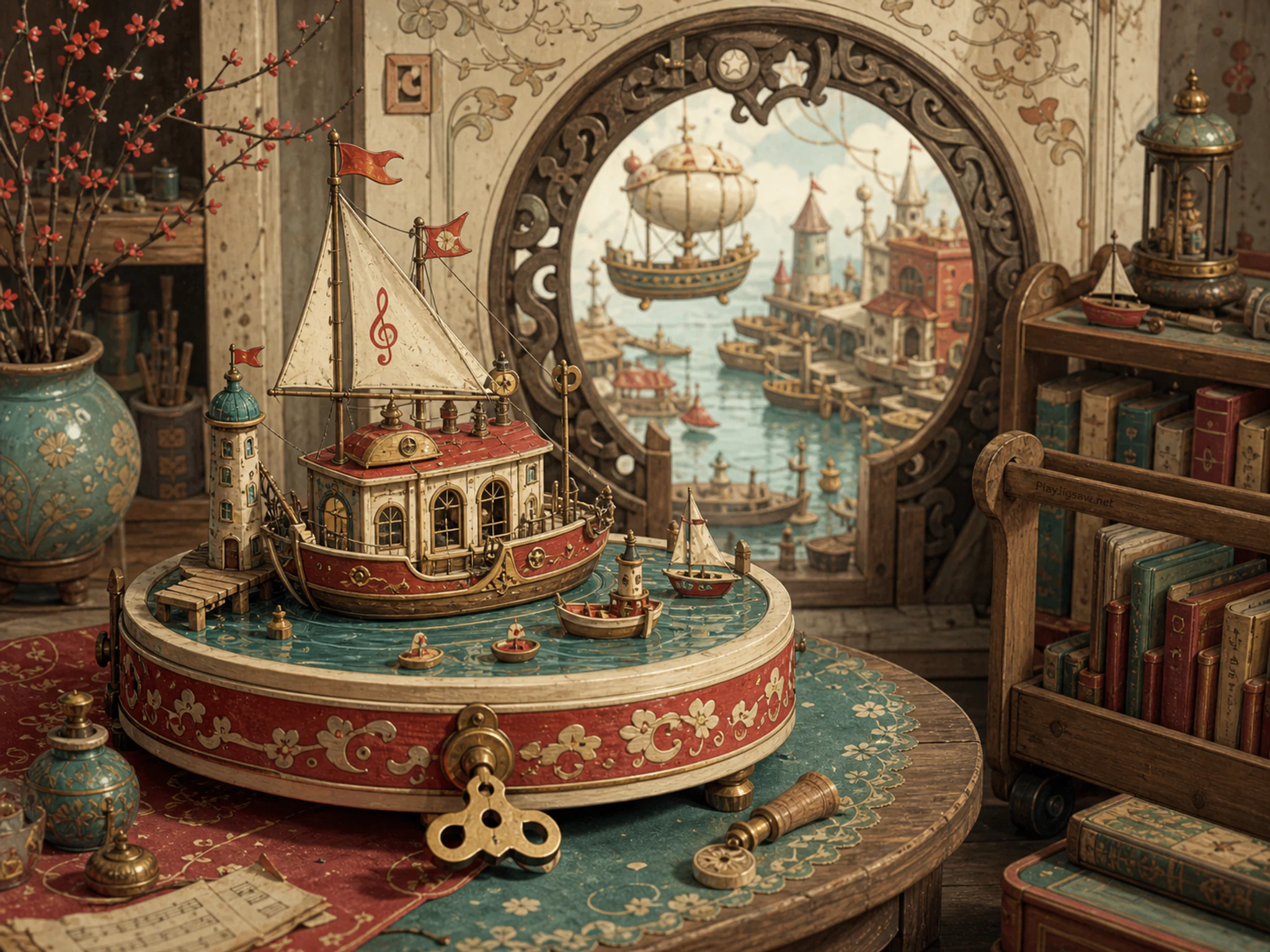 Music Box Harbor moored near carved moon gate in a friendly magical workshop, with layered scenery and soft overcast afternoon.