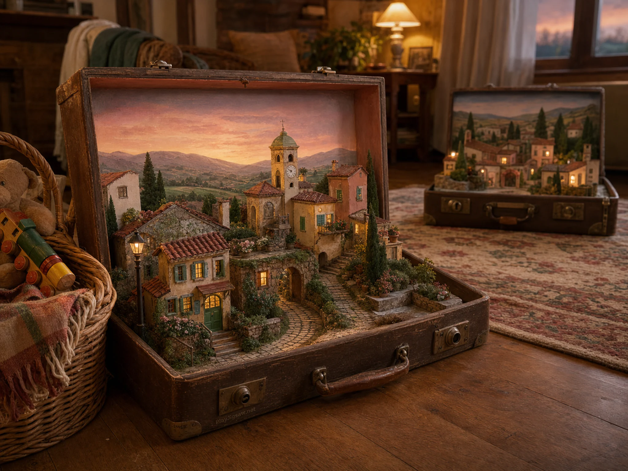 suitcase village presented as a handcrafted miniature beside a wicker toy basket in a second handcrafted suitcase village displayed on a living-room rug, with familiar objects.