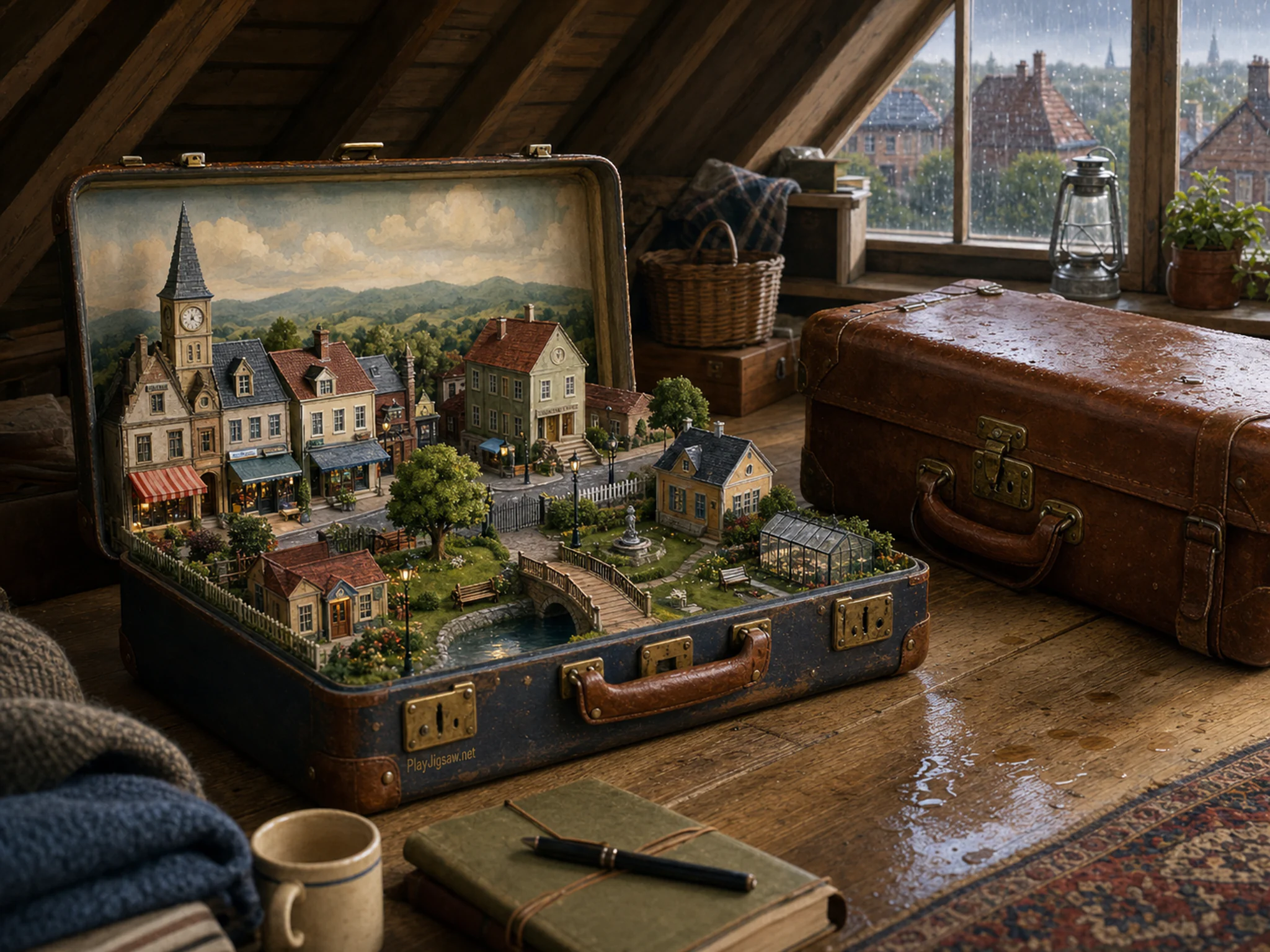 suitcase village presented as a handcrafted miniature beside a familiar leather suitcase in a handcrafted miniature village displayed on an attic floor, with familiar objects and.