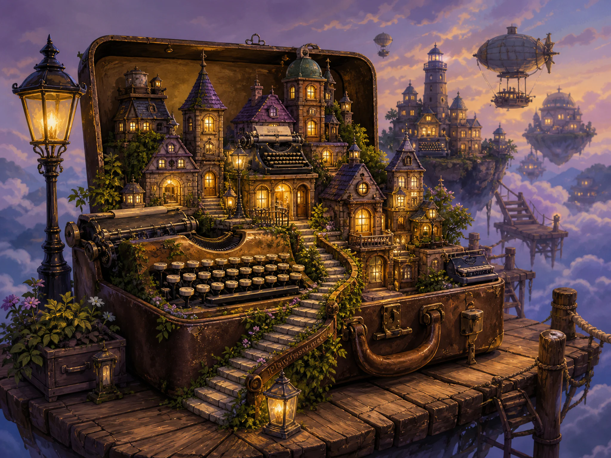 Typewriter Town blooming around well-used magical tool case in a cloud-ringed floating dock, with layered scenery and golden lamplight at dusk.