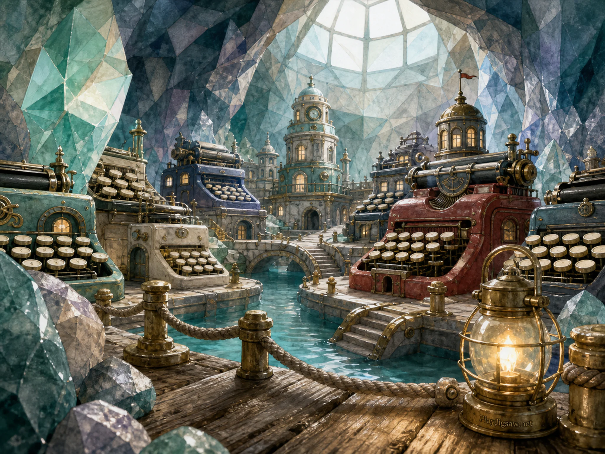 Typewriter Town winding through rope-and-brass mooring in a faceted underground realm, with layered scenery and bright diffused window light.