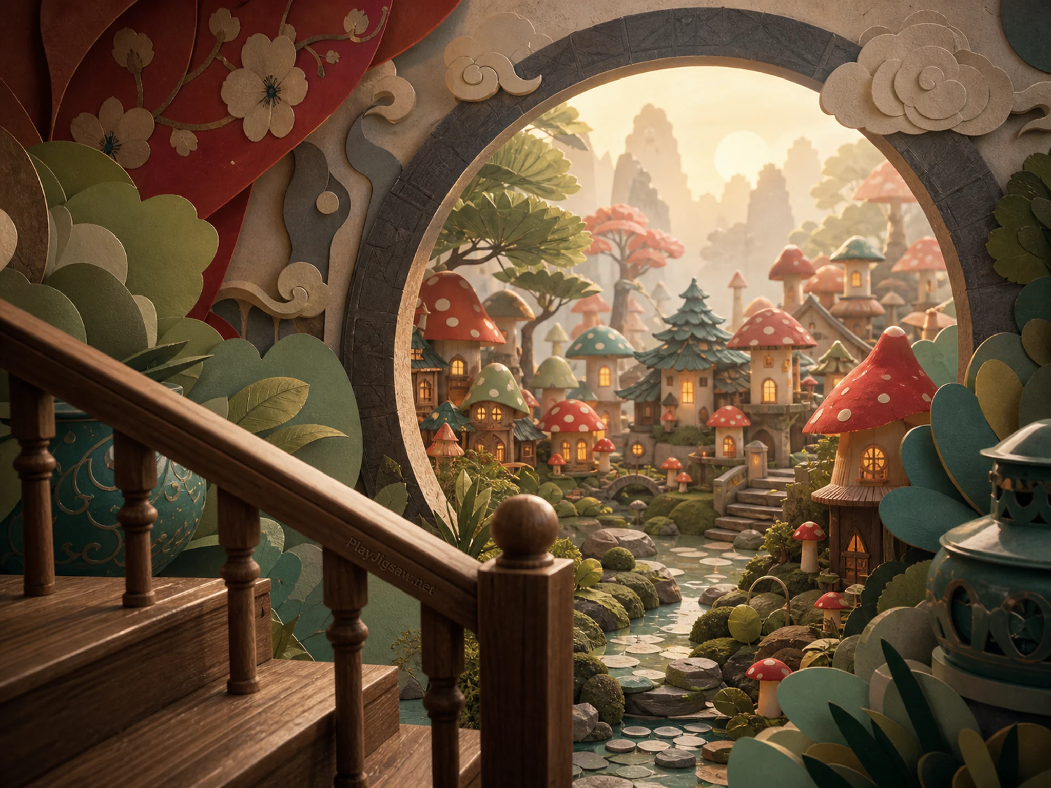 Mushroom Lantern Village blooming around carved moon gate in a playful oversized household world, with layered scenery and calm misty dawn.