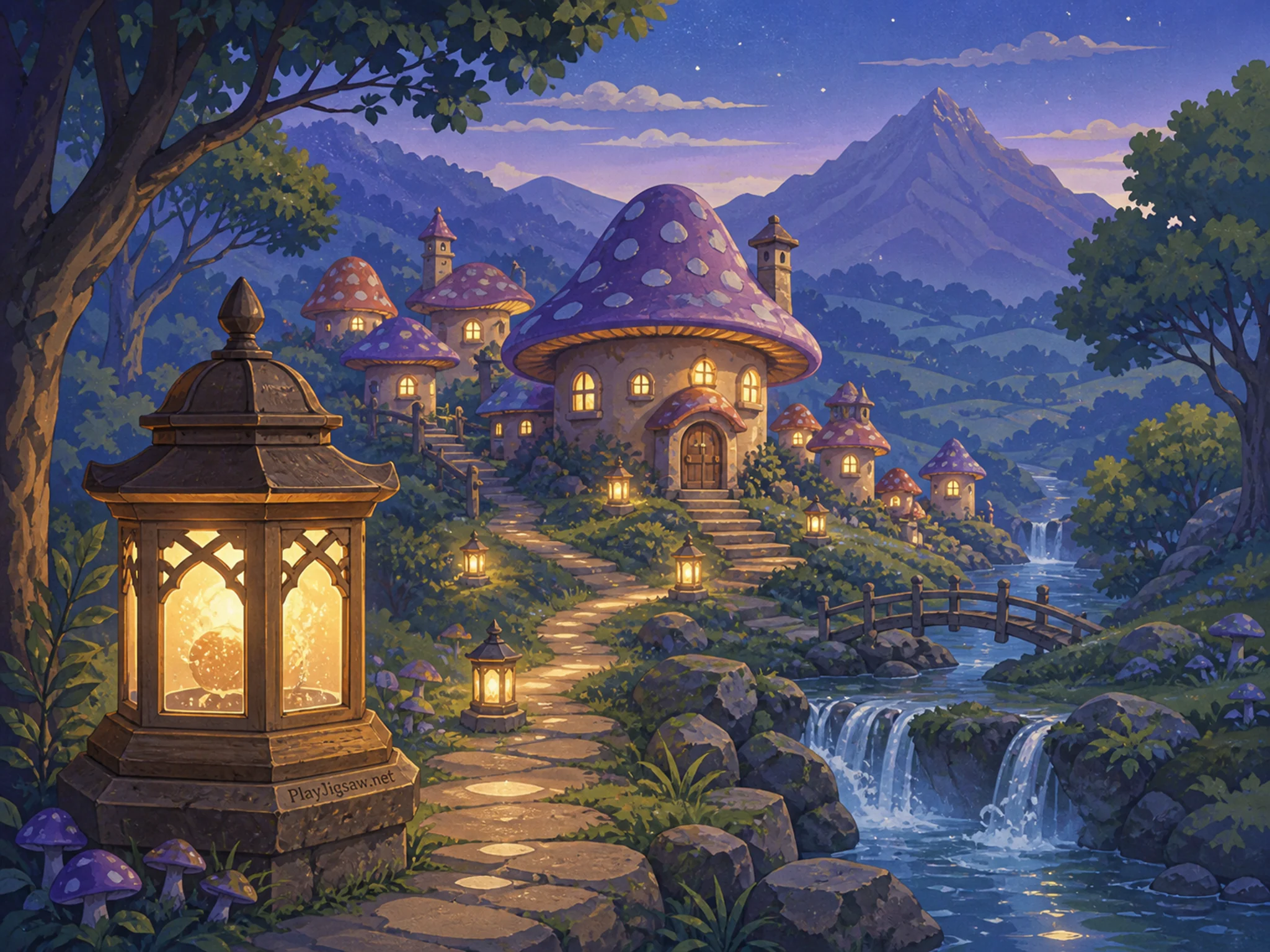 Mushroom Lantern Village winding through glowing path lantern in a luminous miniature valley, with layered scenery and cool blue-hour light.